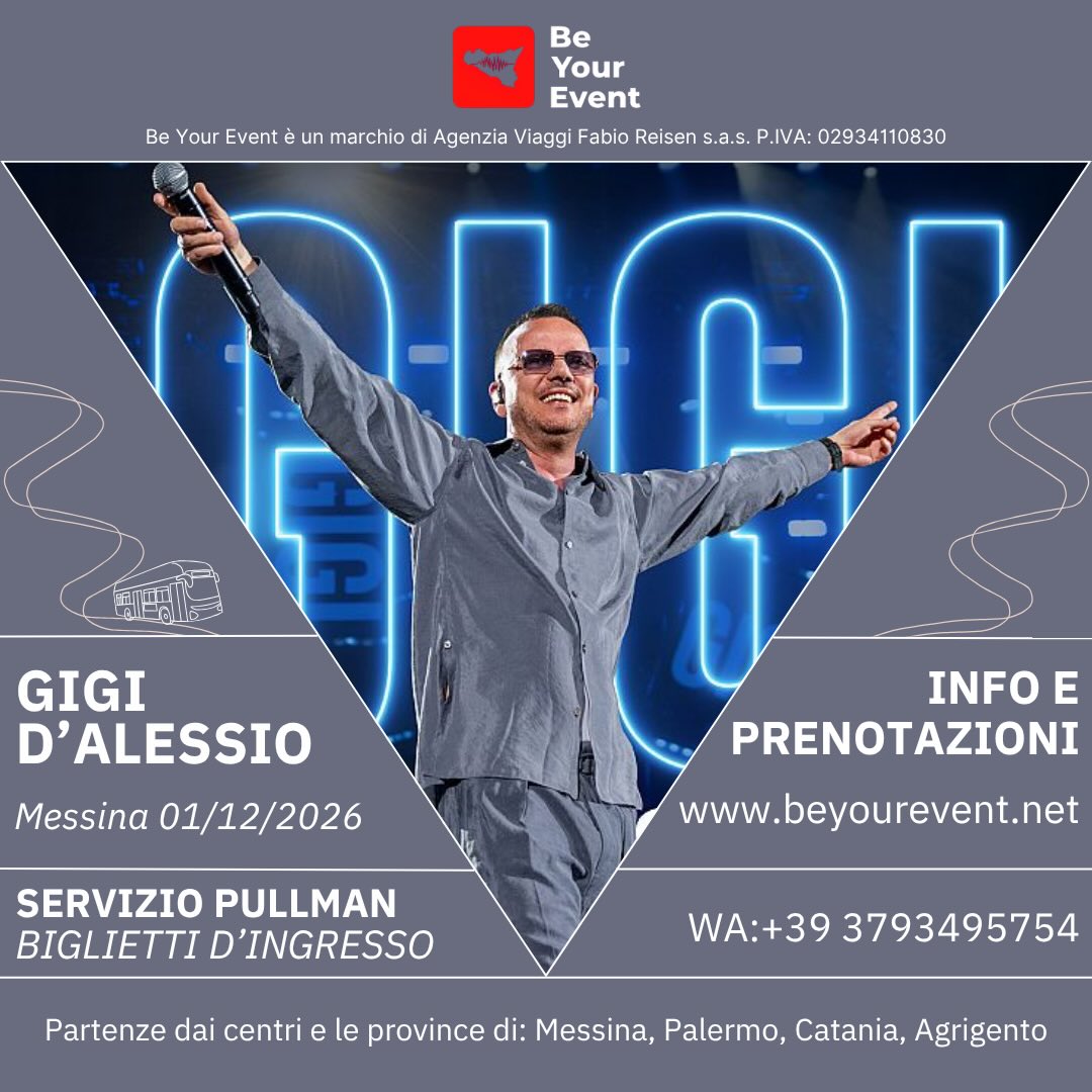 Gigi torna nuovamente in Sicilia !
Prenota subito i biglietti d’ingresso e i posti in pullman 💙
Info e prenotazioni:
www.beyourevent.net
+39 3793495754
#gigidalessio #messina #musica #eventi #concerti