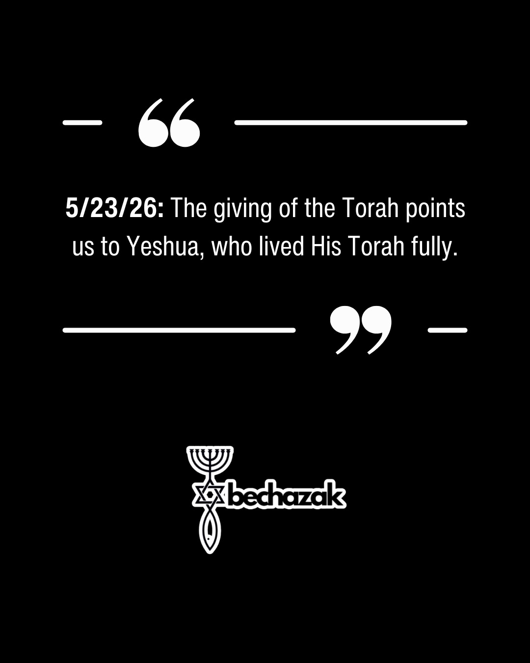 Oftentimes, people will hear "Torah" and think "old, outdated laws that don't apply anymore."
Yes - some laws were situational or only applied to a certain class of people, like the Levites.
Yeshua (Jesus) lived out the Torah perfectly, but not so that we can ignore God's Law, but so that we can have a perfect example on how to keep God's Law.
In Spirit and in Truth.
Shabbat Shalom, ya'll.
#yeshua #messianic #hebrewroots #torahobservant #torahkeeper