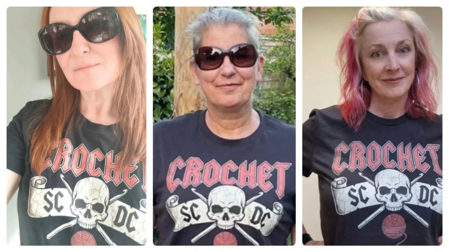 Me (on the left) and my beautiful mosaic crochet designer pals... @the_dutch_hooker_crochet in the middle and @maizeefiberworks on the right.
The three hookers! 😁
Oh and our awesome t-shirt by @rhapsodyeyarns ! Go check them out 🤘