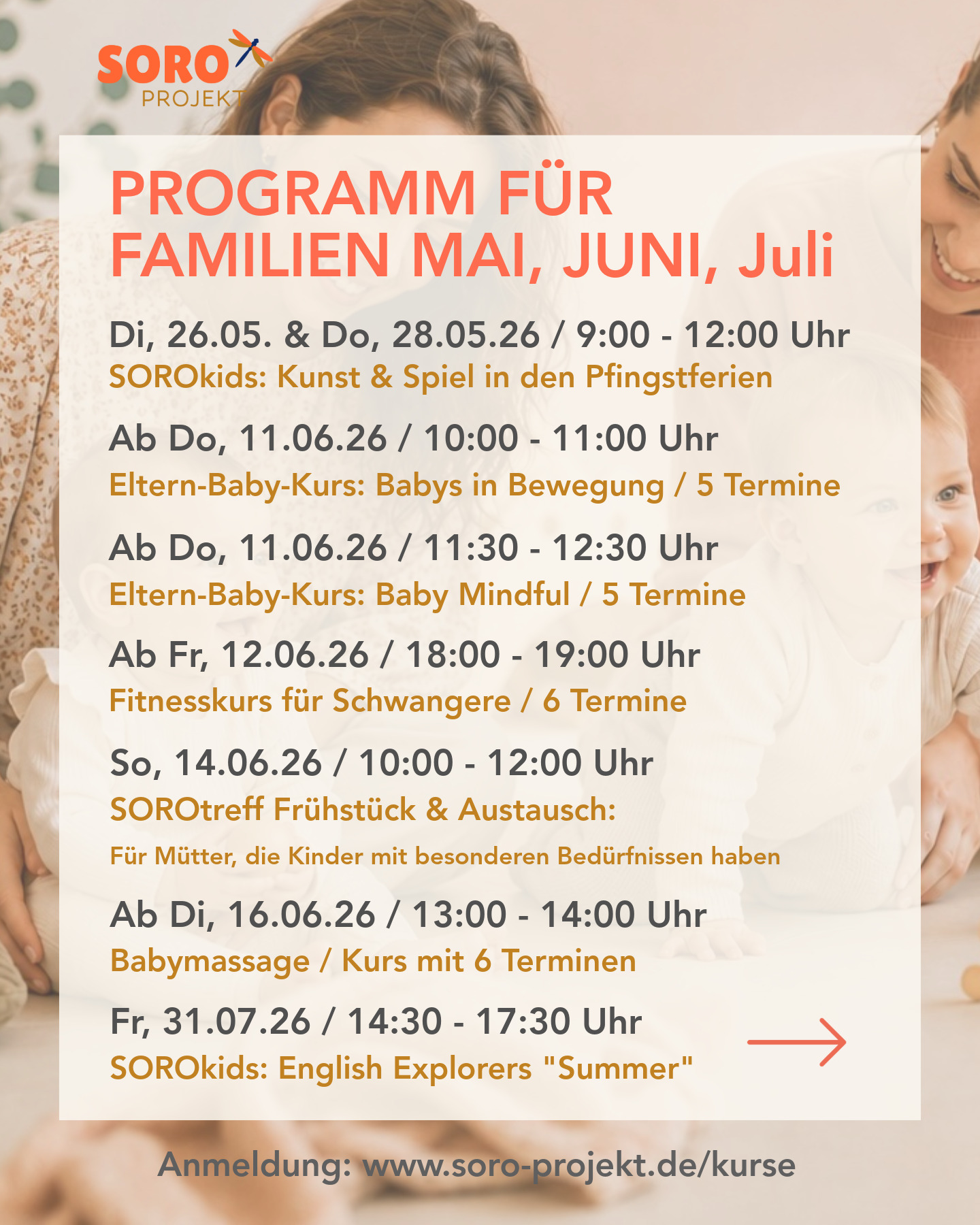 Familienzeit, Verbindung & kleine Alltagsinseln voller Wärme 🤍
Von kreativen Ferienangeboten über achtsame Eltern-Baby-Kurse bis hin zu Bewegung in der Schwangerschaft und ehrlichem Austausch unter Müttern ✨ Unser Familienprogramm für Mai, Juni & Juli ist da. Swiped durch den Beitrag, um alle Angebote zu entdecken.
🌿 SOROkids Kunst & Spiel Kreative Pfingstferien für Kinder ab 6 mit Eugénie & Alaia
👶 Eltern-Baby-Kurs: Babys in Bewegung mit Miriam @miristrageliebe
🫶 Eltern-Baby-Kurs: Mindful Mini mit Miriam @miristrageliebe
🤰 Fit in der Schwangerschaft: FitFam BellyBalance mit Anna @fitfamacademy
☕ SORO Treff Austausch & Frühstück für Mütter, die Kinder mit besonderen Bedürfnissen haben mit Letizia @leti_in_flight
🤍 Babymassage nach IAIM mit Daniela @das.kleine.seepferdchen
🇬🇧 SOROkids English Explorers Thema Sommer mit Miriam & Alaia @miristrageliebe
Ein Ort für echte Begegnung, Entwicklung und gemeinsame Erinnerungen mitten in Wiesloch.
Alle Infos & Anmeldung über unsere Website (Link in Bio) ✨
Rückbildung und Eltern-Baby-Kurse mit Tabea @tabeas_bauchgefuehl starten im September neu 🥰
#soro #sorowiesloch #familienzeit #wiesloch #rheinneckarkreis #elternkindkurs #babykurs #schwangerschaft #mamababy #kinderkurs #ferienprogramm #achtsamkeit #familienleben