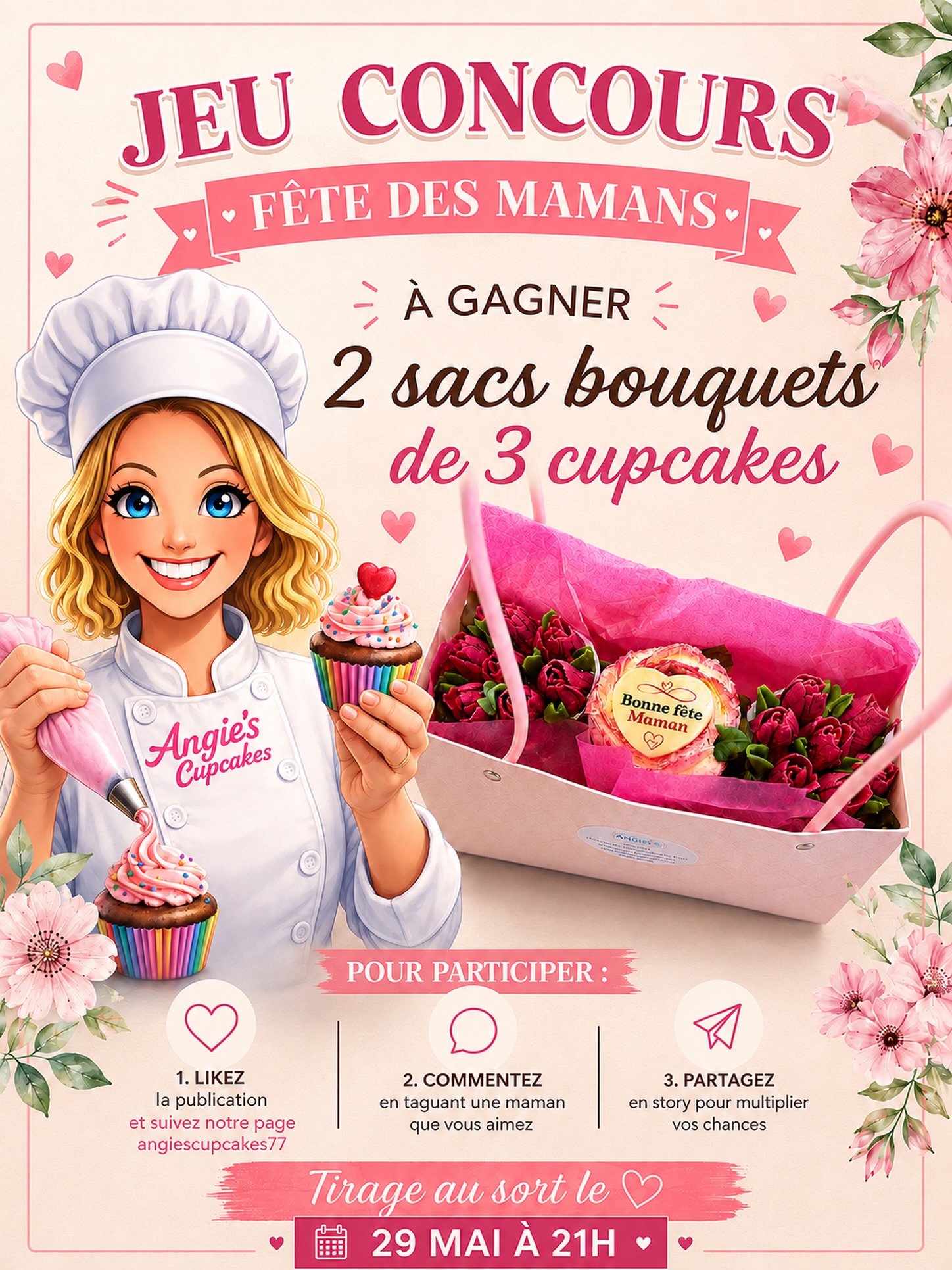 🧁🧁 CONCOURS Fête des Mères 🧁🧁
2 gagnants sur Instagram : chacun remportera notre joli sac bouquet de 3 cupcakes .
Attention retrait à notre boutique obligatoirement le 30 ou 31 mai pendant les horaires d’ouverture. Pas de livraison , pas de report de date .
Pour participer :
💐 Suivez notre compte @angiescupcakes77
💐 Likez ce post
💐 Taguez une maman
💐 bonus : Partagez en story
Ce concours n’est pas organisé par meta ou Instagram , les gagnants recevront un message depuis ce compte, pas un autre!
@lagnycommerces
#jeuconcours #jeuconcoursinstagram #concoursfêtedesmères #angiescupcakes77 #concoursfetedesmeres