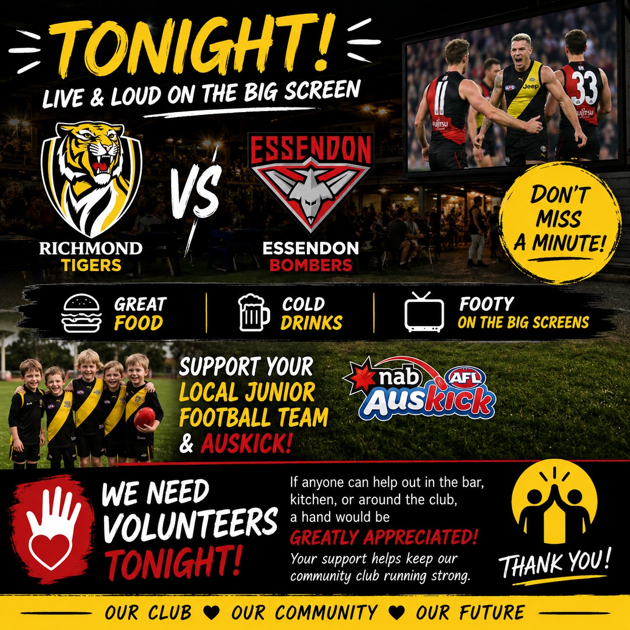 π TONIGHT AT THE PAV π
Catch Richmond vs Essendon LIVE on the big screens tonight! π»πΊ
Come down and enjoy:
π Great food
πΊ Cold drinks
π Footy on the big screens
Support your local junior football team & Auskick community while enjoying a great night at The Pav! β€οΈπ€
π We are also looking for volunteers tonight.
If anyone can lend a hand in the bar, kitchen, or around the club, it would be greatly appreciated. Your support helps keep our community club running strong!
#SupportLocalFooty #Auskick #RichmondVsEssendon #ThePav #CommunityClub