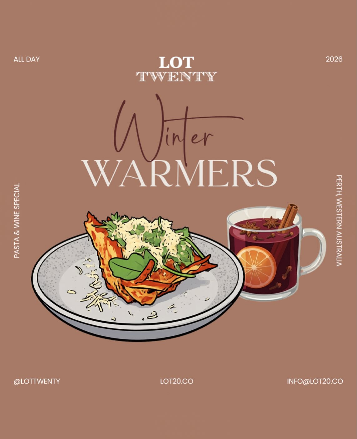 Only a few days from Winter officially kicking off. Grab our Winter Warmers Special for just $22. Special of the Day Pasta + a mug of Mulled Wine or Glass of Cab Merlot. #seeyouintwenty