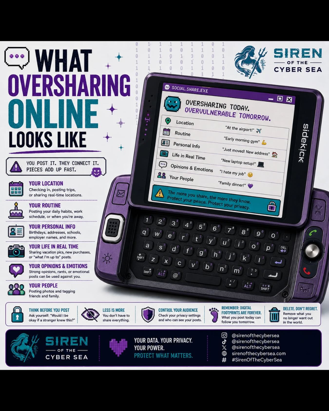 Tip Tuesday 🧠🌊
Oversharing online doesn’t always look dangerous… until all the little pieces start connecting.
Your location.
Your routine.
Your emotions.
Your “just landed ✈️” post.
Your “new setup” picture.
It may seem harmless in the moment, but together it creates a digital trail that strangers, scammers, employers, or attackers can use to build a profile on you.
Before you post, ask yourself:
“Would I be comfortable if someone I didn’t know saw this?”
Protecting your privacy isn’t about hiding.
It’s about protecting your peace. 💜
#TipTuesday #Cybersecurity #PrivacyAwareness #DigitalFootprint #osint