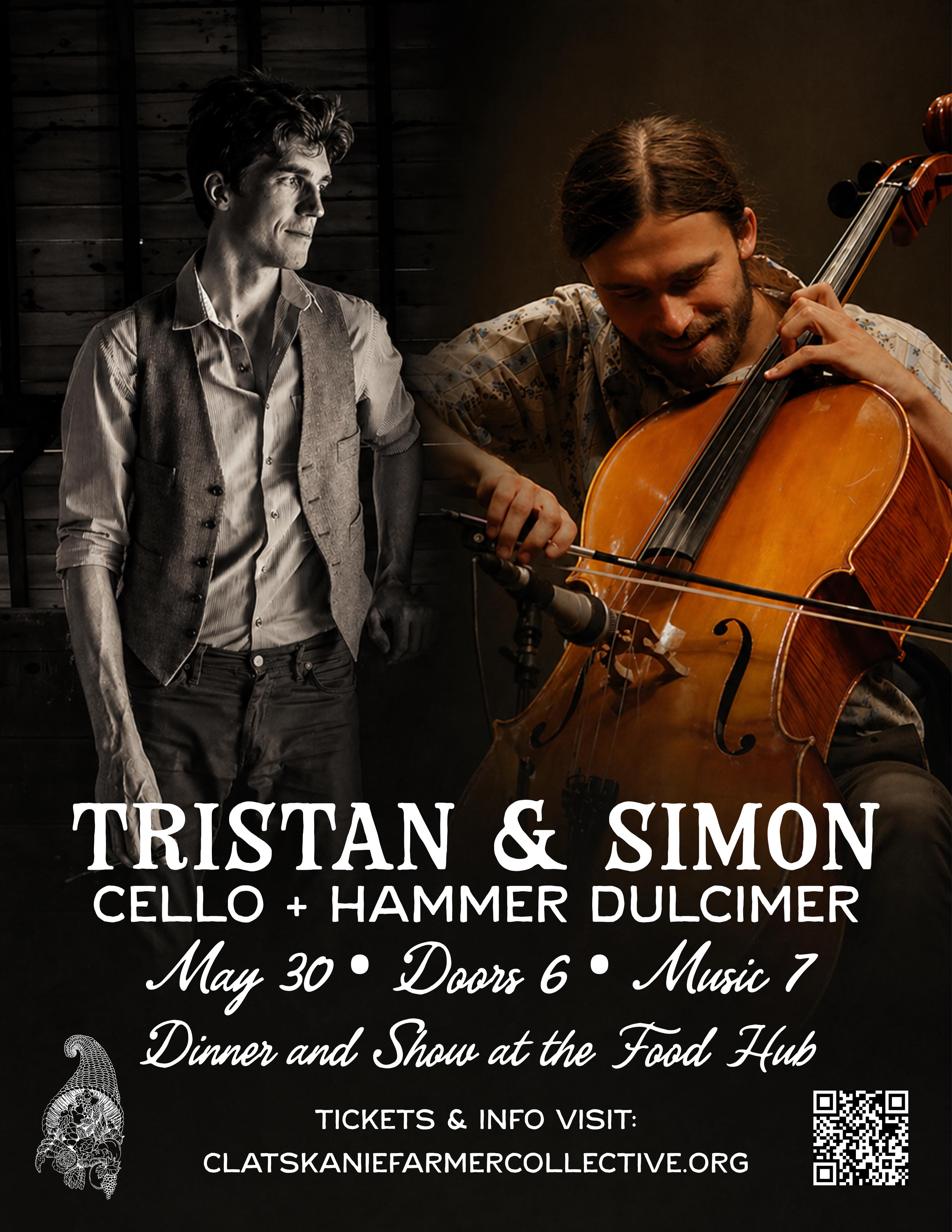 Join us for an intimate evening of live acoustic music and Farm to Table delights at the Clatskanie Food Hub!
Get your tickets at clatskaniefarmercollective.org
Noted musical collaborators Tristan Clarridge and Simon Chrisman come together for a rare duo performance, a side of their work they don’t often get to share. Expect a thoughtful, dynamic set that moves between traditions, improvisation, and something entirely their own.
Doors open at 6:00pm.
Music begins at 7:00pm.
Come early if you’d like to settle in and grab dinner before the show.
Farm-to-table food and drinks will be available for purchase throughout the evening.
Sliding scale tickets $15–$25.
Choose what feels right, all ticket sales support the musicians directly.
Communal seating. First come, first served.
About the Artists
Noted acoustic music weirdos Tristan Clarridge and Simon Chrisman have been musical compatriots for a long time, in a variety of different situations (from the Bee Eaters to Jeremy Kittel Band to the Rozumatics), and are thrilled to be playing a few duo shows this year… a side of themselves they rarely get to perform. In fact in the 20 plus years they’ve been making music together, only one duo show has been played. Join them to see what has been brewing in this long time collaboration.