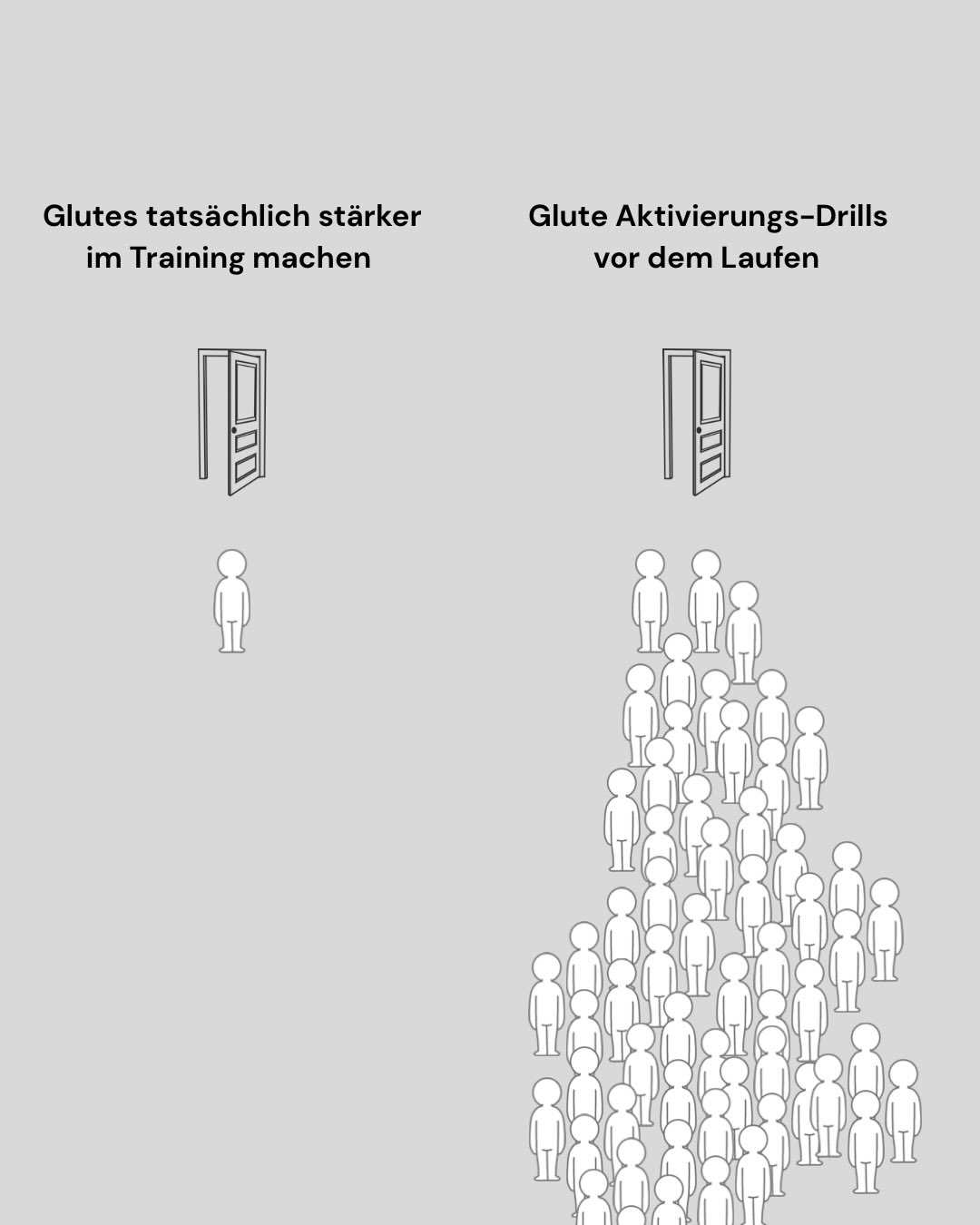 Starke Glutes sind gerade für Läufer und Läuferinnen enorm wichtig.
Genau deshalb ist die Lösung nicht, kurze „Aktivierungen“ vor dem Laufen zu machen, sondern die Glutes tatsächlich stärker im Training zu machen.
Übungen mit Mini-Bändern haben zu 100% ihren Platz im Training, aber eher dafür, um gezielt kleinere Muskeln im Hüftbereich zu trainieren.
‼️ Der Gluteus-Maximus Muskel, um den es hier geht, ist der stärkste Muskel im ganzen Körper. Deshalb reicht es für diesen Muskel NICHT aus, Übungen mit dem Mini-Band zu machen. Das ist der Unterschied.
Also, du kannst weiterhin Mini-Band Übungen machen, aber dieGlutes solltest du wirklich stärker bekommen und dementsprechend schwer trainieren mit Übungen wie
👉Single Leg Squats
👉 Hinges
👉Leg Curls
👉(Hip Thrusts)
Wenn du wissen willst wie genau, kommentiere „Glutes“