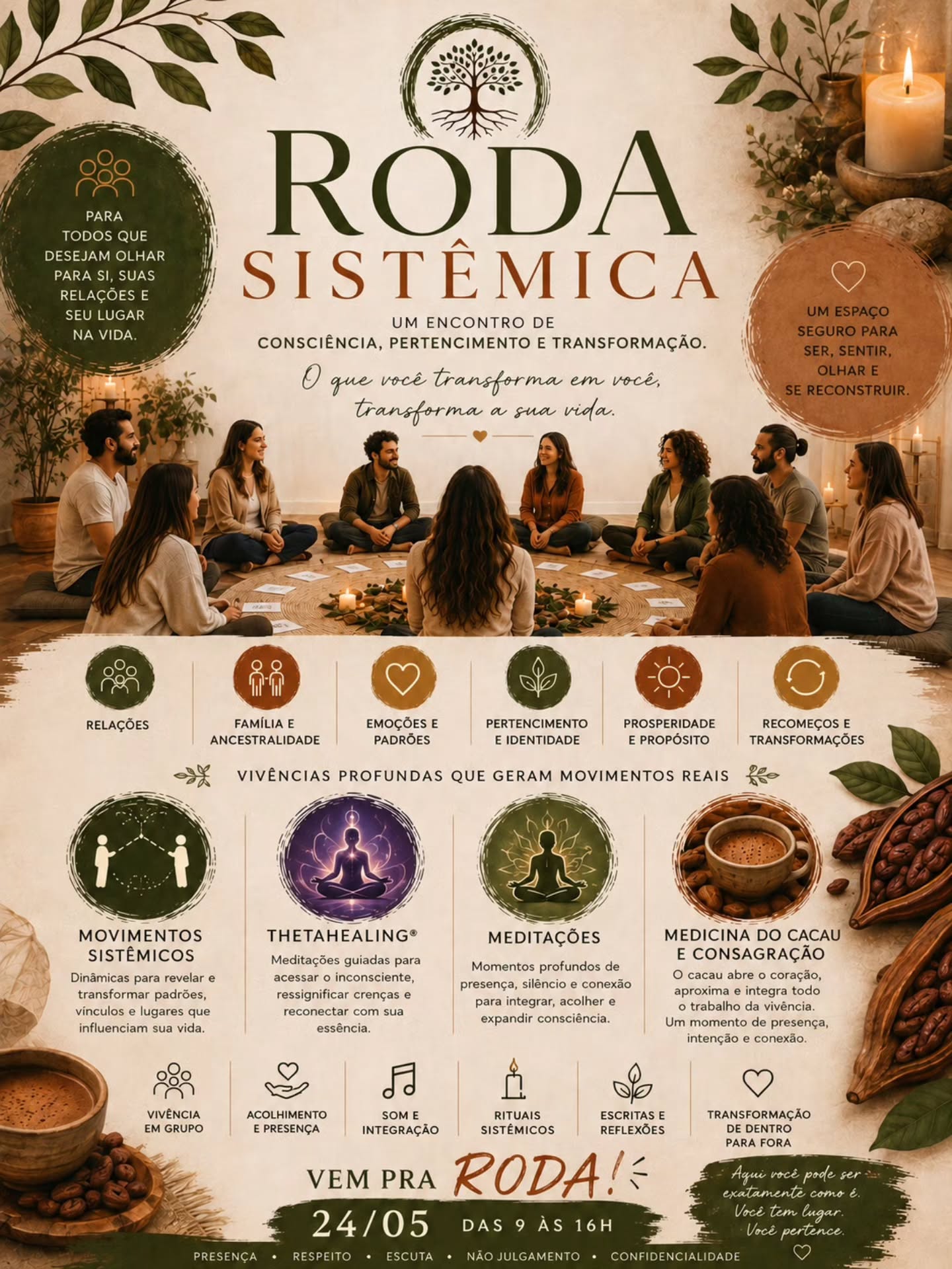 ✨ RODA SISTÊMICA
Um encontro de consciência, pertencimento e transformação.
Uma vivência profunda com:
• movimentos sistêmicos
• ThetaHealing®
• meditações guiadas
• medicina do cacau e consagração
• dinâmicas e rituais sistêmicos
📅 24/05
⏰ Das 9h às 16h
Vagas limitadas para permitir profundidade, presença e acolhimento no grupo.