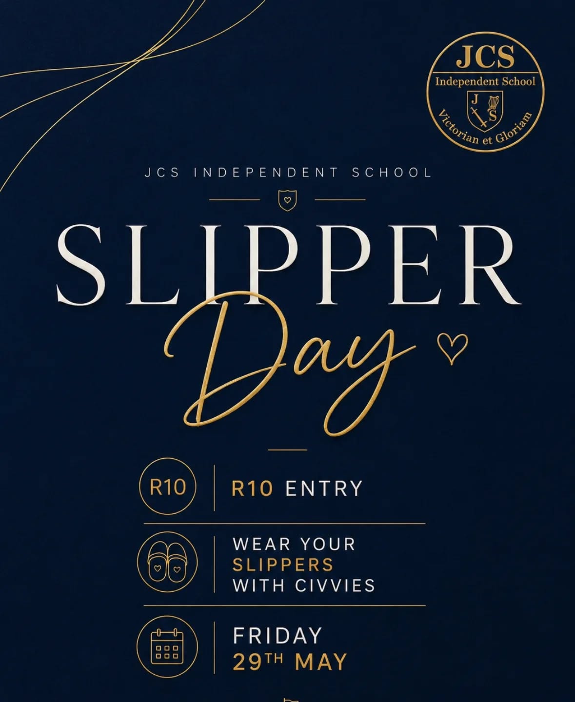 JCS Independent School invites learners to participate in our upcoming Slipper Day on Friday, 29th May.
Join us for a comfortable and enjoyable school day by wearing your slippers with civvies.
𩎠Slippers with civvies
ð° R10 Entry
ð
Friday, 29th May
Walk comfortably. Dream big.
