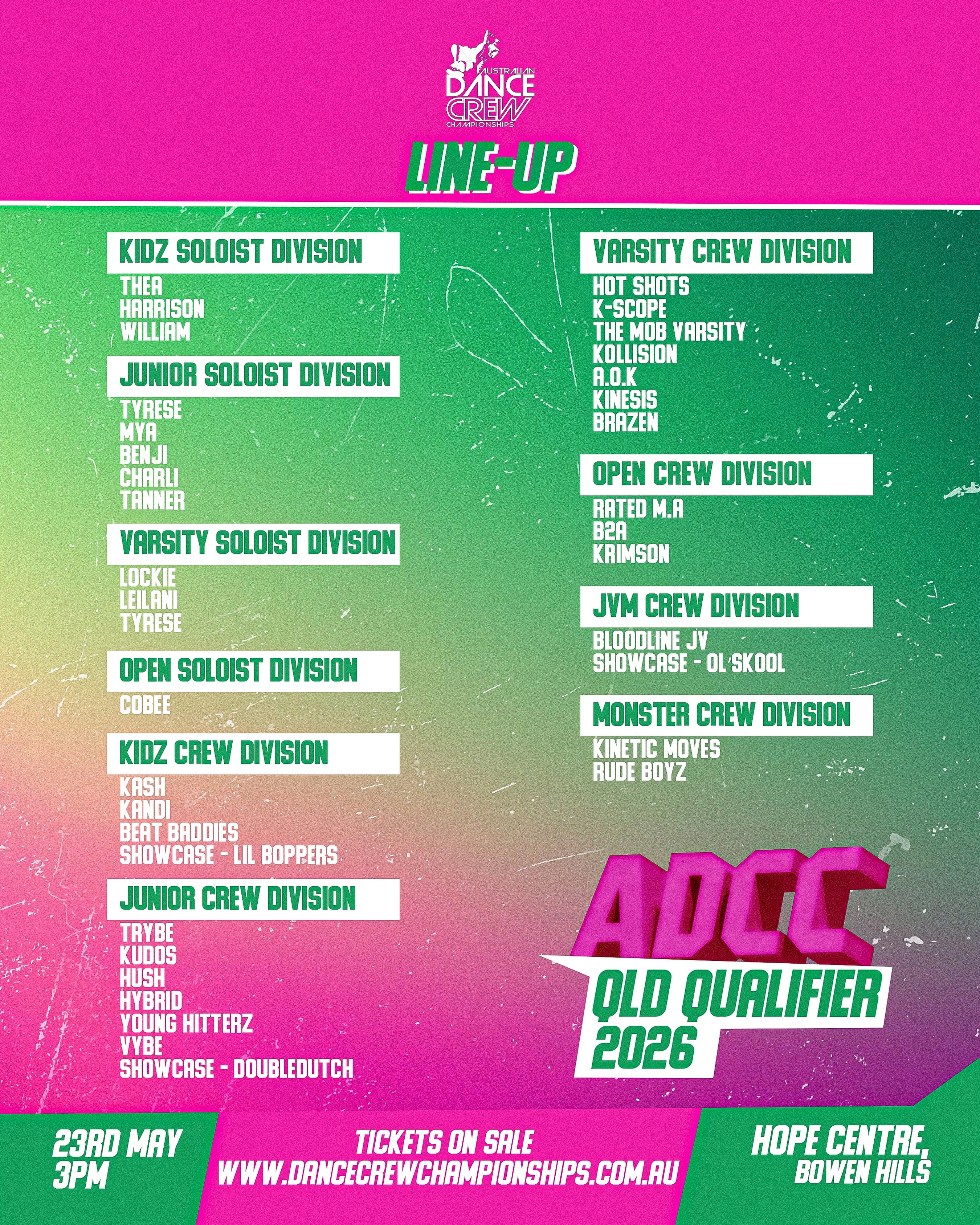 Game day QLD!! ๐ฅ
Introducing our lineup of Crews & Soloists hitting the stage today for our big Qualifier ๐ฅ
๐ 3PM
๐ Hope Centre
Whoโs securing their spot at the 2026 Finals? Only time will tellโฆ ๐ Lesssgo dancers. we canโt wait to see what you bring to the stage today! ๐ค
