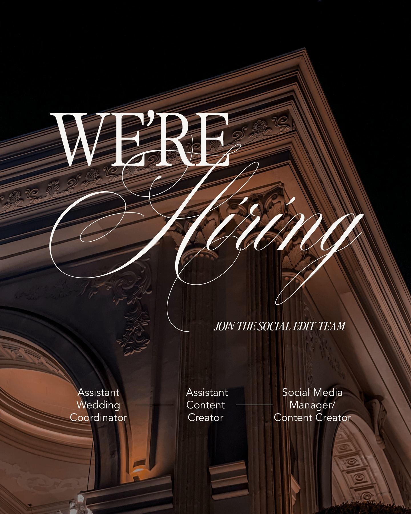 We’re growing 🤍
The Social Edit is officially hiring for:
• Assistant Wedding Coordinator — KY-based
• Assistant Wedding Content Creator — KY-based
• Social Media Manager / Content Creator — preferably KY-based. Open to remove for the right fit!
This team has always been built on creativity, relationships, thoughtful service, and a genuine love for supporting people well, whether that’s our couples, clients, or community.
We’re looking for individuals who are:
• Creative and proactive
• Organized and detail-oriented
• Excited about weddings, content, and storytelling
• Passionate about supporting small businesses
• Ready to grow alongside a fast-paced and intentional team
Whether you love the behind-the-scenes of wedding days, creating meaningful content, or helping businesses show up online, we would love to hear from you.
To apply, fill out the application linked in our bio and send:
→ Your resume
→ Portfolio/work samples
→ A short introduction about yourself
We truly cannot wait to meet you 🫶