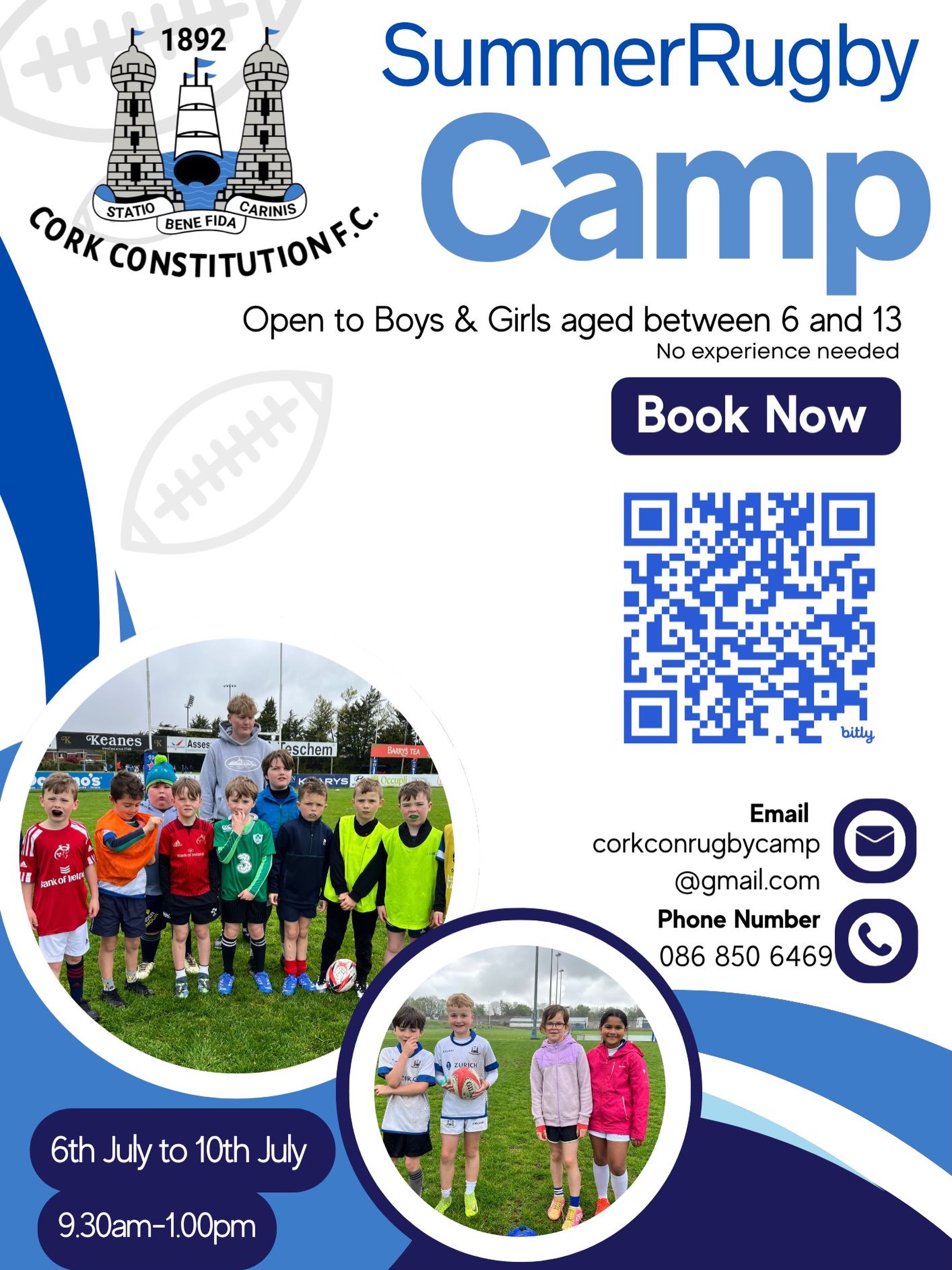 🏉☀️ Summer starts at Temple Hill! ☀️🏉
Join us for the Cork Constitution F.C. Summer Rugby Camp from July 6th–10th! Open to boys & girls aged 6–13, with no experience needed — just bring your energy and get ready for a fun-filled week of rugby, games, new friendships and great memories. 💙
📍 Temple Hill
⏰ 9:30am – 1:00pm daily
🎽 Camp T-shirt included
👧👦 Discounts available for siblings
Spaces are filling fast — scan the QR code to book now!
#CorkCon #SummerRugbyCamp #UpTheCons #TempleHill #KidsRugby CorkKids SummerCamp YouthRugby