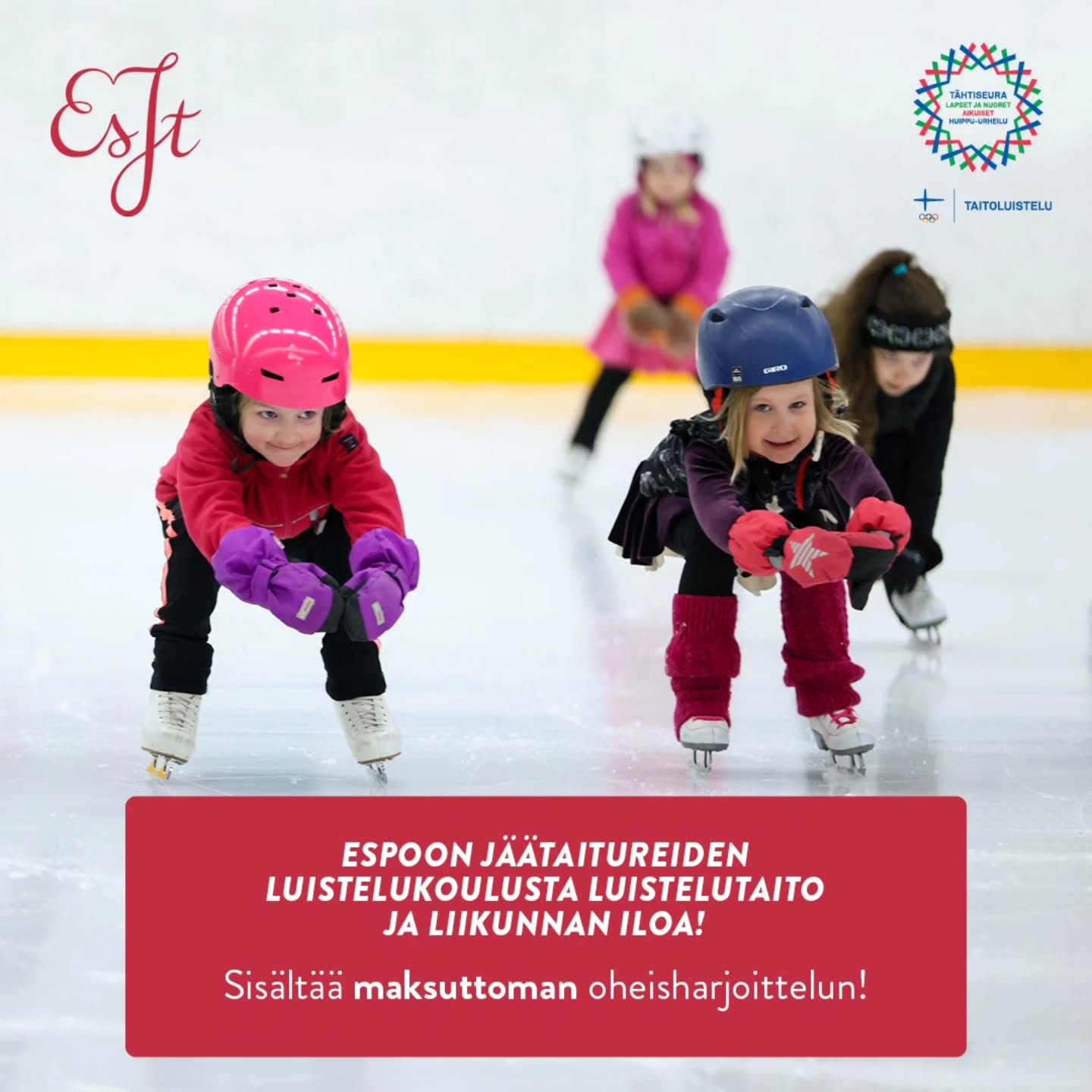 Luistelukoulujen ja alkeisharrasteryhmien kauden 2026 - 2027 ilmoittautuminen on nyt avattu☀️!
Tuo lapsesi oppimaan tärkeä luistelutaito! Ryhmiä valmentaa ammattivalmentajat ja koulutetut ohjaajat. Monipuolinen valikoima tunteja.
Tenaville n. 2-6-vuotiaille:
⭐️ Tenavaryhmät
⭐️ Mini-Tenavat ( 2-4-vuotta )
⭐️ Aikuinen-lapsiryhmä
⭐️ Special Tenavat ja koululaiset - soveltava luistelu
Kouluikäisille n.7-12- vuotiaille ja nuorille n.12-15- vuotiaille alkeisharrasteryhmät:
⭐️ AH 7-12-vuotiaille
⭐️ AH 12-15- vuotiaille
⭐️ Special Tenavat ja koululaiset - soveltava luistelu
Tarjoamme MAKSUTTOMAN Jäätaituri-Sporttis oheisharjoituksen luistelukoululaisille ja AH-ryhmäläisille🤸! Toiminta on on osa OKM: n tukemaa hankettamme.
Lisätiedot ja ilmoittautumiset: espoonjaataiturit.fi
Varmista lapselle tai nuorelle hyvissä ajoin paikka suosituissa ryhmissä. Tervetuloa mukaan iloiseen lasten ja nuorten Tähtiseuraan ❤️✨️!
#espoonjaataiturit
#luisteluasuurellasydämellä❤️ #espooliikkuu #luistelukouluespoo #luistelukoulu