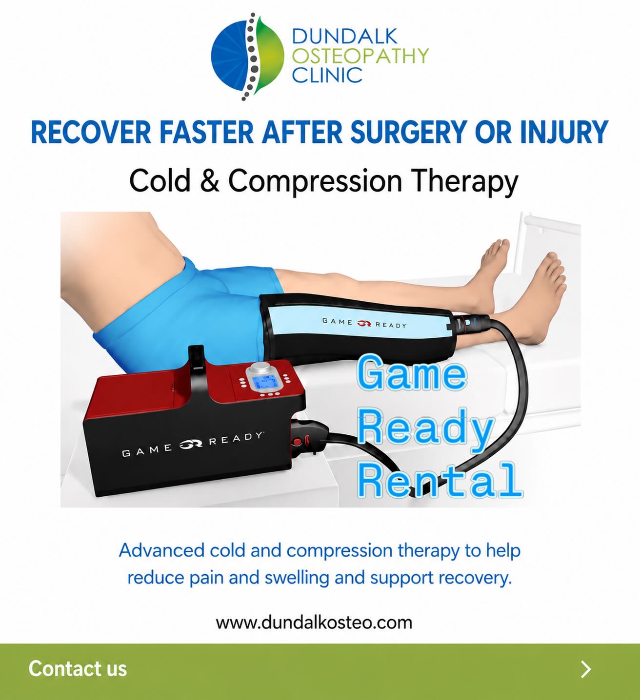 Game Ready Rental. Suffering from post op inflammation or acute injury. The Game Ready is an ice machine we use in elite sport. The device has wraps that go around every big joint in the body, ankle, knee, hip, Back, Shoulder, elbow & hand/wrist. If you have an acute injury or you have just had an op. DM us for more details 🧐 #dundalkosteopathyclinic #dundalkosteopath #dundalkosteo #physiodundalk #dundalksportsmedicine