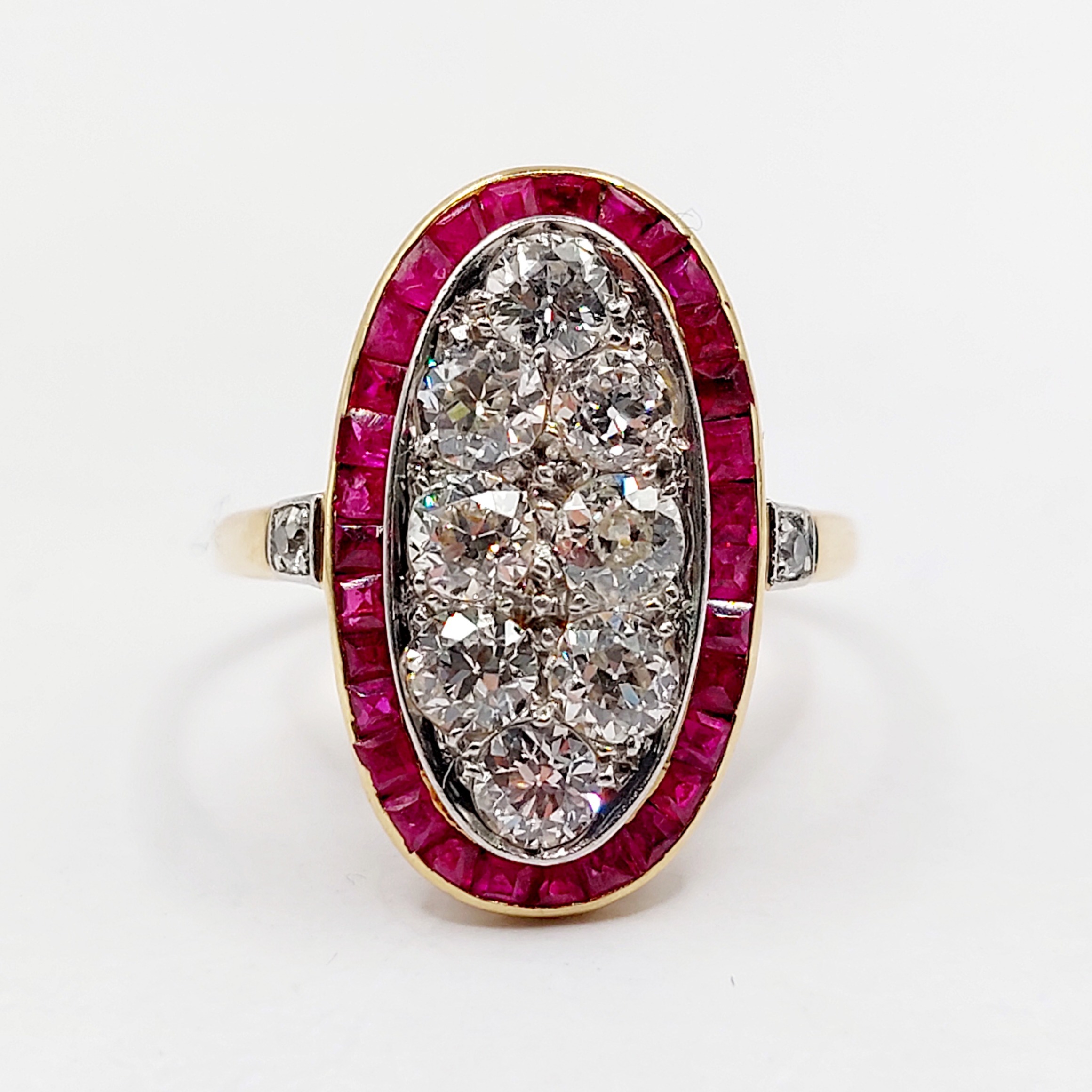 French art deco target marquise ring 18k gold and platinum set with 1.30 carats of old european cut diamonds surrounded by calibrated rubies (circa 1910)
PRICE : 2500€
Magnificent and rare work by a French goldsmith from the Art Deco period
Size: 53 FR / 6.5 US
Weight: 3.98 g
Diamond size (x8): approximately 3.5/3.6 mm (estimated total of 1.30 carats)
White diamonds, in good condition, no inclusions visible to the naked eye
Ring head size: 20 x 12 mm
Minor scratches to some rubies (not visible to the naked eye)
Micro scratches from use and slight deformation on the band due to previous resizing
Owl and mascaron hallmark (French hallmark)
#diamondring #marquisering #frenchjewlery #frenchring #navettering #rubyring #haloring #diamondhaloring #artdecoring #targetring #omcdiamond #oldminecut #oldminecutdiamond