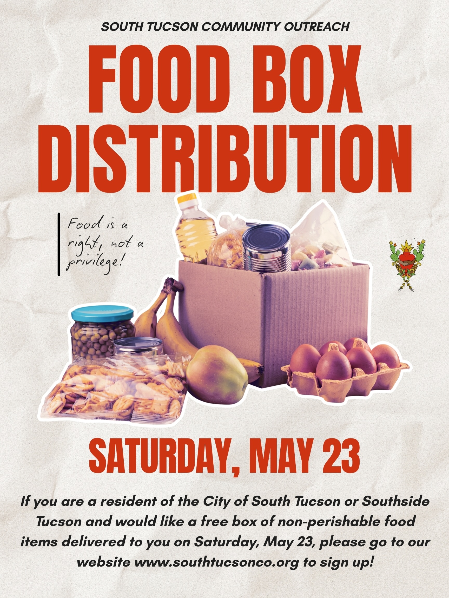 **Desliza ➡️ para leer en español**
🚨We’re delivering free nonperishable food boxes to this Saturday, May 23! If you or someone you know lives in the City of South Tucson or Southside Tucson and could benefit from a food box, we’re here to help. We also are in need of volunteer delivery drivers! Sign up for a food box through the link in our bio or visit www.southtucsonco.org or to sign up to volunteer!
In partnership with @uagardenkitchen 🫱🏽🫲🏼, this monthly nonperishable food box distribution is part of our free food assistance programming for our community. ❤️ If registration is closed, it means we’ve reached capacity for this distro. We’ll announce when sign-ups reopen! 🚨