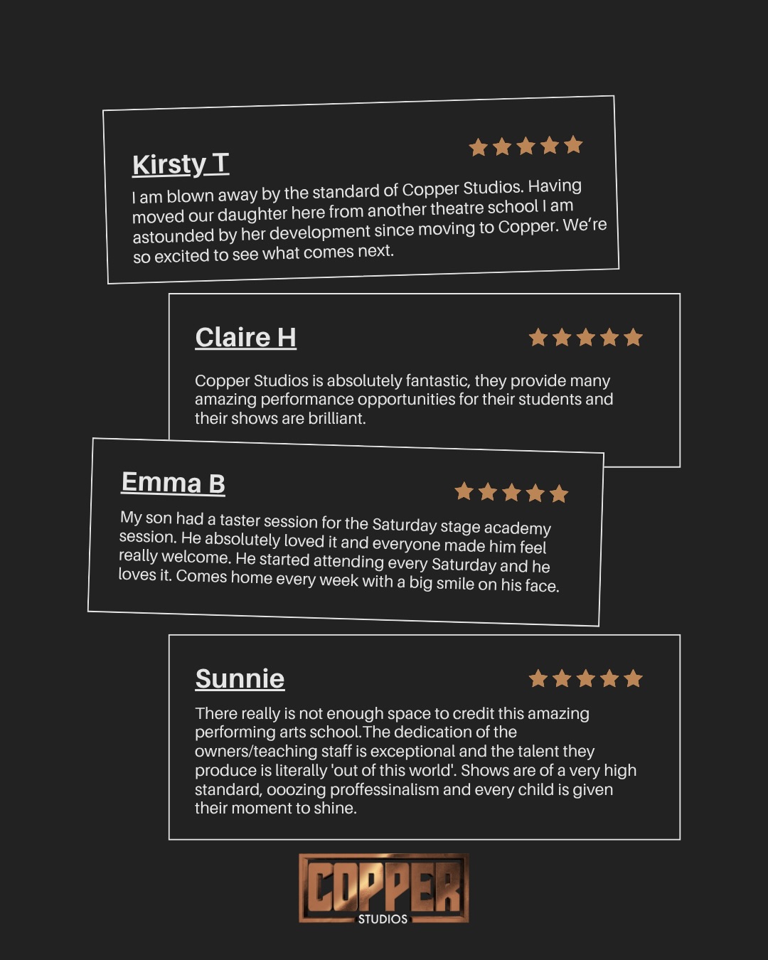 🌟🌟🌟🌟🌟
If my daughter had it her way “everyday would be a Copper day”
We love to hear your 5 star reviews!
Over the years we have created an outstanding community who have supported us through each decision we have made. At Copper studios we want to continue this momentum so if Copper has made a difference in you or your child’s life then please share that experience with us 🌟
#copperstudios #performingarts #fivestarreview #reviews