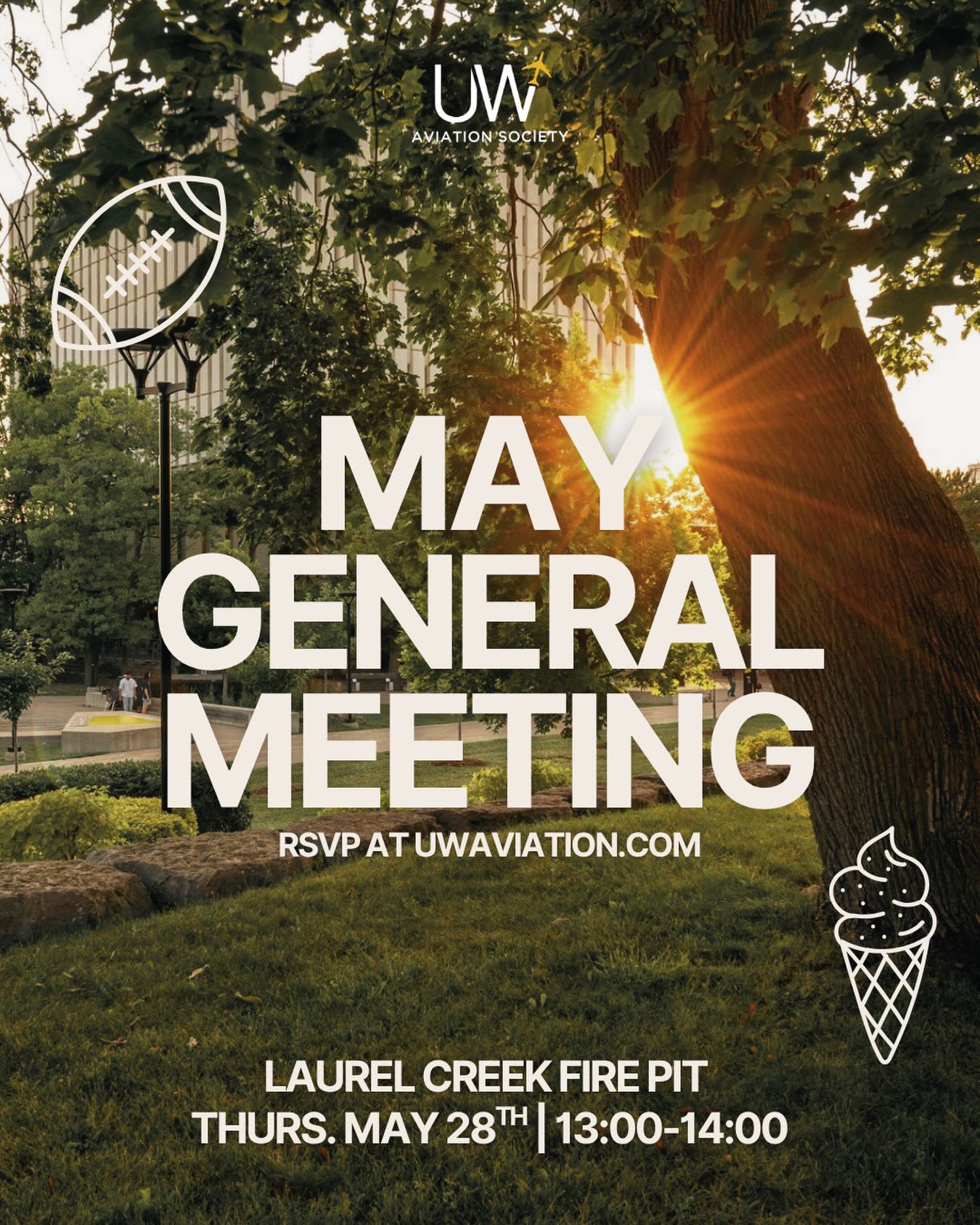May General Meeting☀️
📍Laurel Creek Fire Pit
🗓️ May 28 from 13:00 to 14:00
Ice cream, frisbee, football & good company! Everyone is welcome!
Free ice cream for those who register. Please RSVP at uwaviation.com!