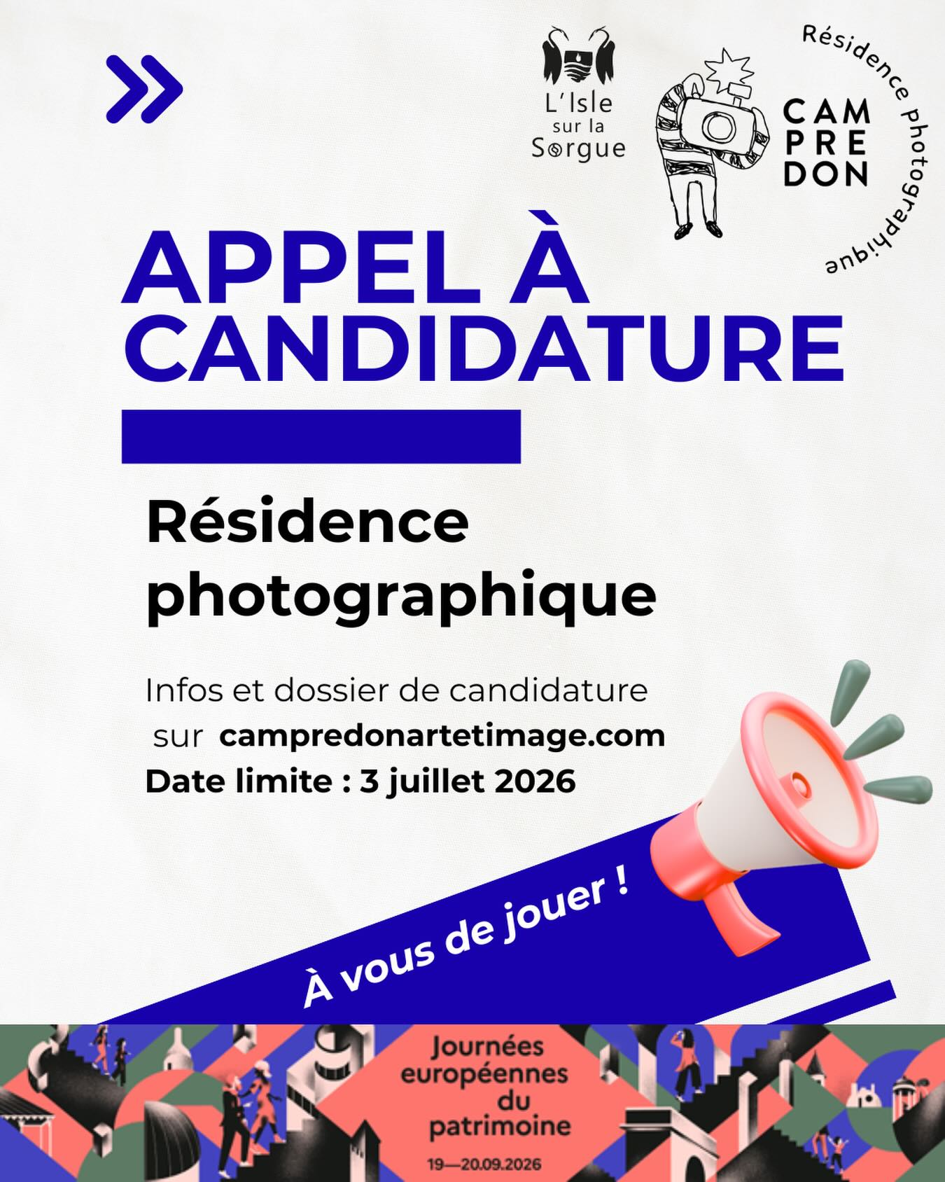 📸✨ Résidence de création photographique – Journées Européennes du Patrimoine 2026 ✨📸
À l’occasion du Bicentenaire de la Photographie et de la 43ᵉ édition des Journées Européennes du Patrimoine, placées sous les thèmes « Patrimoine de la photographie » et « Patrimoine en péril : raviver, résister, réimaginer », CAMPREDON art & image ouvre ses portes à une résidence de création photographique.
🏛️ Installée au cœur de cet ancien hôtel particulier du XVIIIᵉ siècle, en partie classé Monument Historique, cette résidence invite un(e) artiste photographe à explorer le thème « Réimaginer » à travers un dialogue entre patrimoine architectural et création contemporaine.
📷 Durant les Journées Européennes du Patrimoine, les 19 et 20 septembre 2026, l’artiste investira l’ensemble du lieu pour en proposer une lecture sensible, inédite et résolument contemporaine.
👥 Pour nourrir cette expérience, le(la) résident(e) bénéficiera d’un accès à l’intégralité du bâtiment et disposera d’un espace de travail au cœur de l’exposition, favorisant les échanges et la rencontre avec le public.
✨ Vous souhaitez participer à cette aventure artistique ? Retrouvez toutes les informations et les modalités de candidature sur notre site internet. Nous avons hâte de découvrir vos regards et vos projets !
#Photographie #BicentenaireDeLaPhotographie #JEP2026 #JournéesDuPatrimoine #RésidencePhotographique