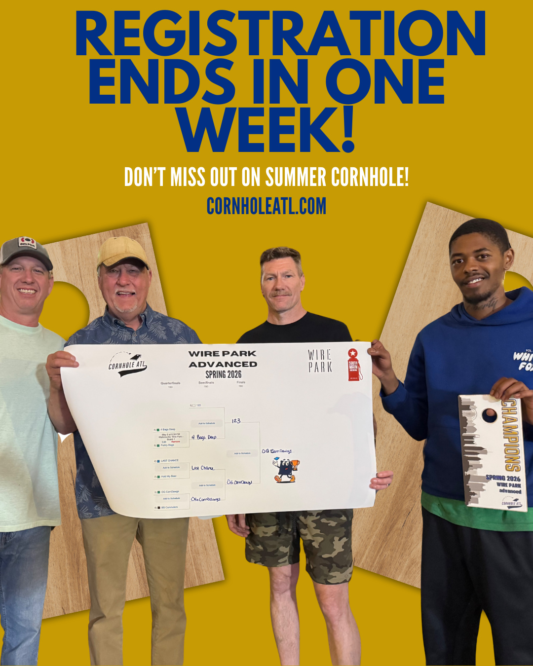 ONE WEEK LEFT to sign up for Summer cornhole! 🌞