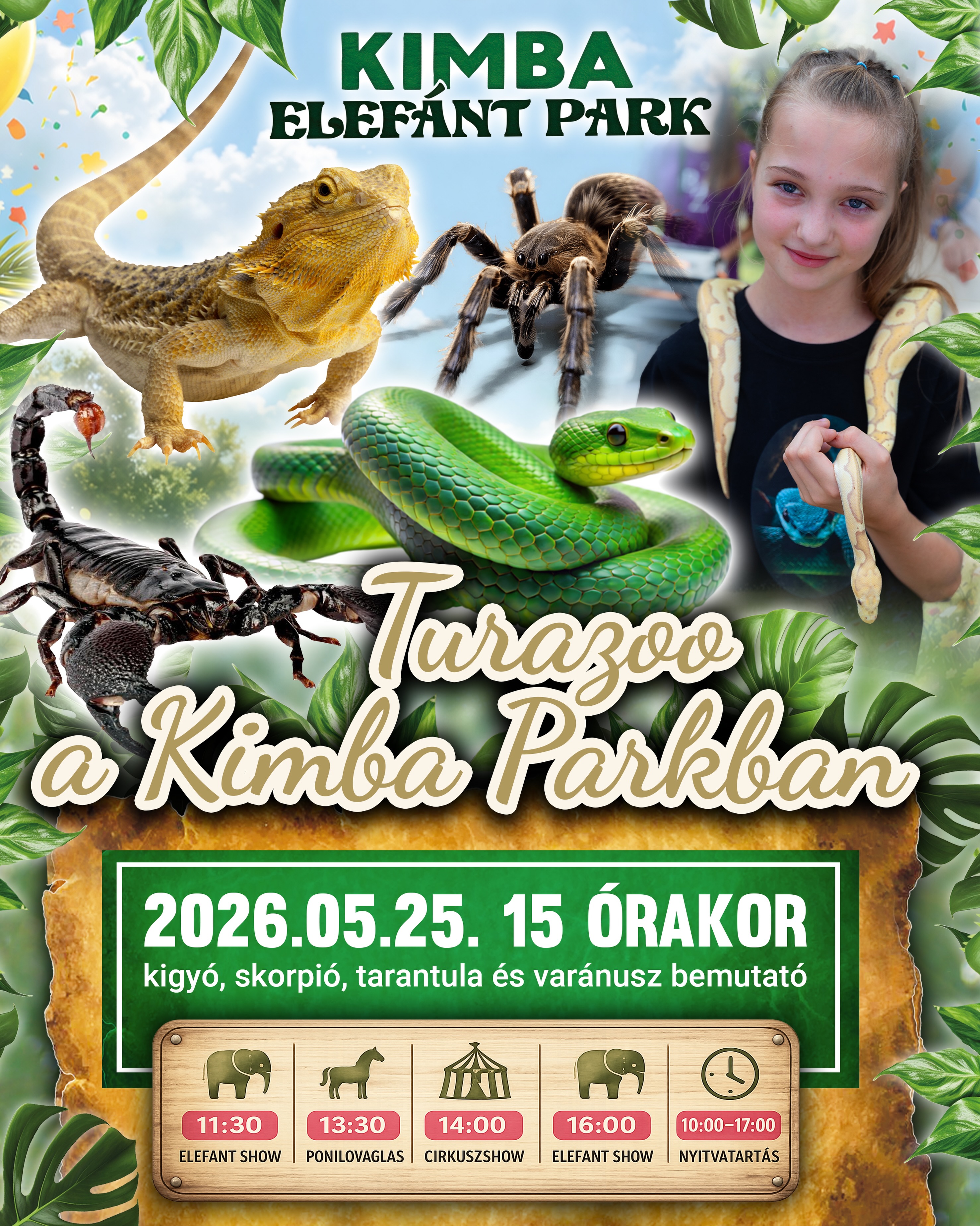 🐍 Különleges vendégek érkeznek a Kimba Elefánt Parkba! 🐘🌿
📅 2026. május 25. | 15:00–17:00
Ezen a napon a Turazoo csapata látogat el hozzánk, és magukkal hozzák különleges állati barátaikat is! 🤩
Találkozhattok többek között:
🕷️ pókokkal
🐍 kígyókkal
🦂 skorpiókkal
🦎 és egy barátságos gyíkkal is!
Emellett természetesen egész nap vár benneteket a Kimba Park népszerű napi showprogramja is:
🐘 elefántshow
🎪 cirkuszi előadás
🐴 pónilovaglás és még sok más élmény!
Ne hagyjátok ki ezt az izgalmas napot! ✨