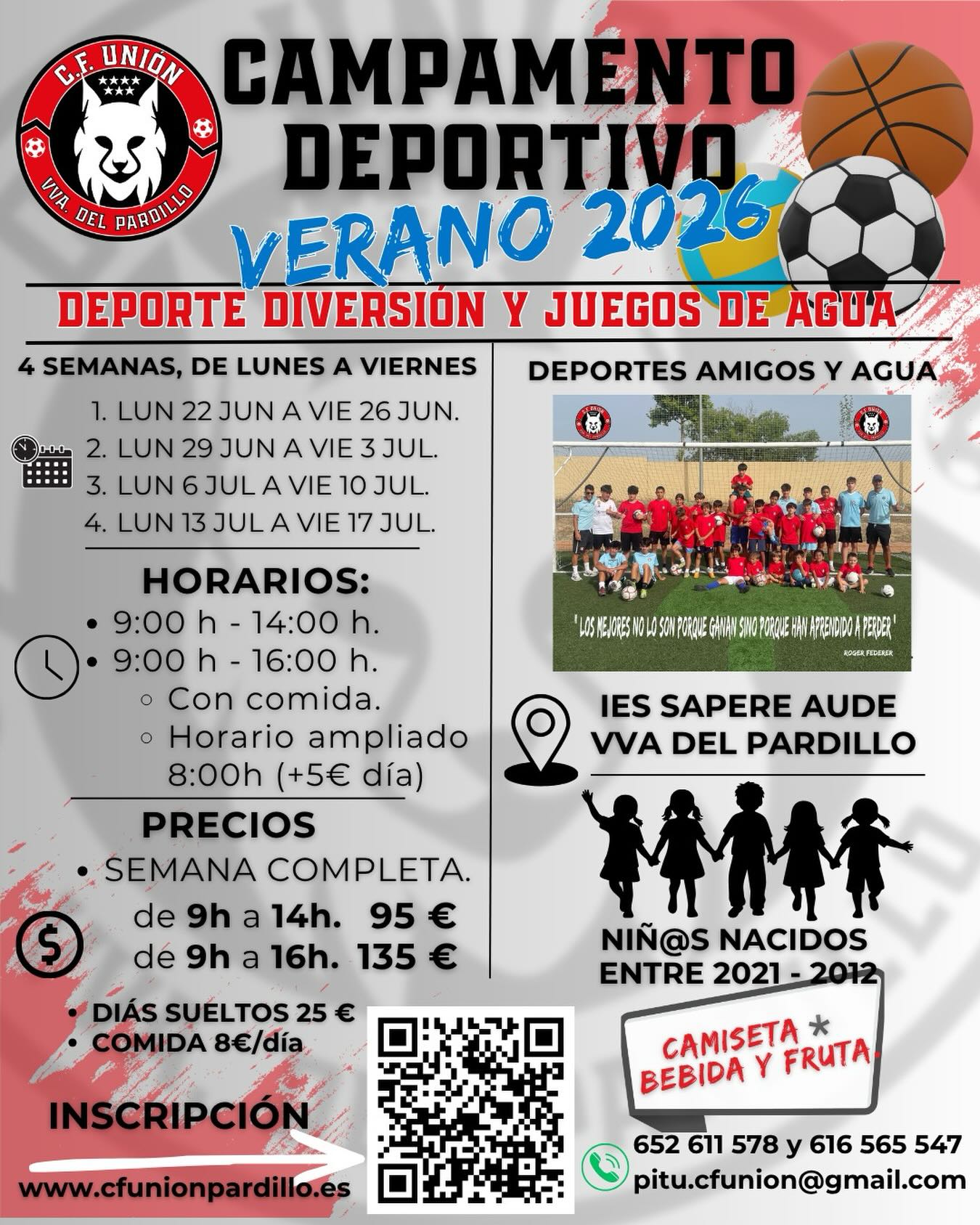 ℹ️ OFERTA VERANO 2026. CAMPAMENTO Y ENTRENAMIENTO ALTO RENDIMIENTO
HOLA!👋
Os presentamos nuestra oferta de actividades para este verano 2026. Para la última semana de Junio y las 3 primeras de Julio, de lunes a viernes.
1️⃣ CAMPAMENTO URBANO DEPORTIVO ⚽🏀🏐🏸
En horario de mañana y con posibilidad de comida y horario ampliado. Mucho deporte, fruta, amigos y juegos con agua!
2️⃣ ENTRENAMIENTO ALTO RENDIMIENTO EN FUTBOL❤️⚽
Para las tardes de 19h - 21h entrena como un profesional, mejora tu técnica y la táctica. Será un antes y un después para tu rendimiento en competición.
👇Consulta mas infomación o haz tu inscripción en nuestra web.👇
www.cfunionpardillo.es
No te lo pienses mucho, no hay una opción mejor!!😉
Gracias!!