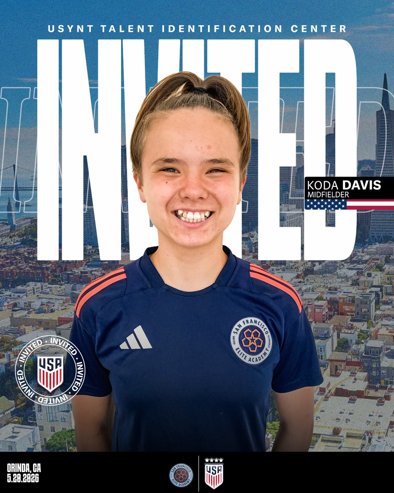Another one from The Bay on the national stage. Congratulations to Koda Davis on her invitation to this week’s USYNT Talent Identification Center in Orinda.
Moments like these are earned through consistency, belief, and the willingness to keep showing up day after day. We’re proud of you, Koda. Keep trusting the process and embracing every opportunity in front of you.
For country. For The Bay. The work continues.
#ForTheBay | #SiempreComoUno