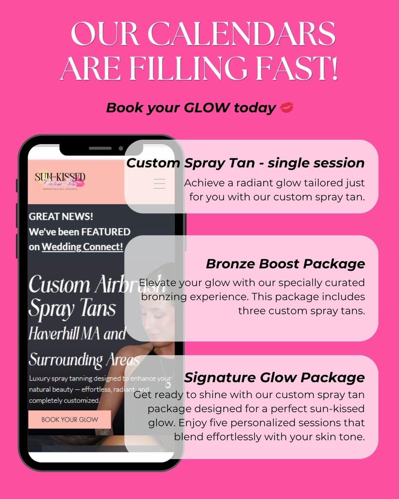 ✨ OUR CALENDARS ARE FILLING FAST ✨
Summer events, weddings, vacations, and glow season are HERE — and appointments are booking quickly! 🤍
The good news? Both Kerrie + Niki have opened additional availability for custom airbrush spray tans at Sun-Kissed Custom Tan ✨
Whether you’re booking:
☀️ A single custom glow
☀️ A bridal tan
☀️ Vacation prep
☀️ Or one of our glow packages to stay bronzed all season long…
…now is the perfect time to reserve your appointment 💋
We can’t wait to get you glowing!
✨ Check out our booking link in bio
#SunKissedCustomTan #CustomSprayTan #AirbrushTan #BridalGlow #GlowSeason