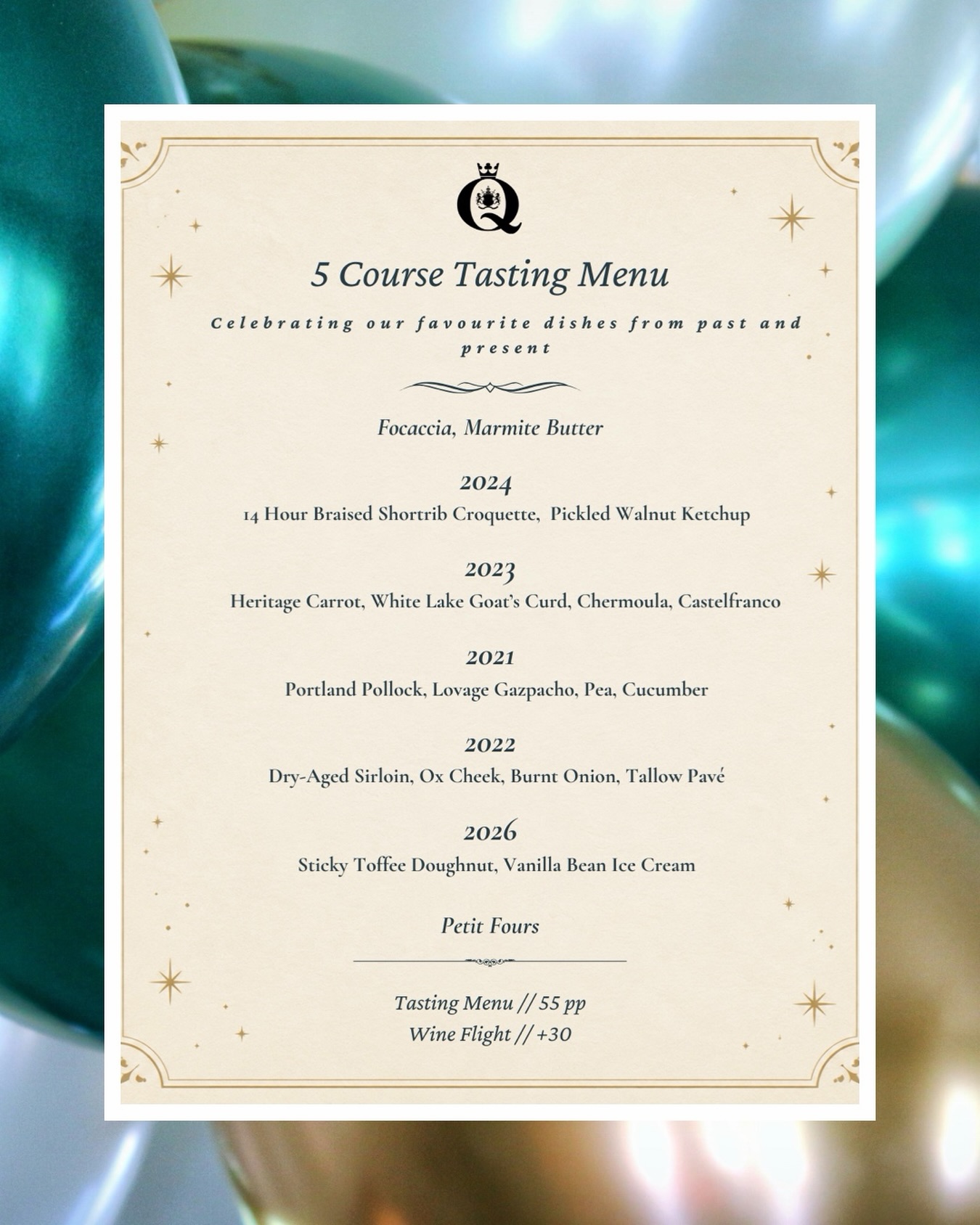 Five years of The Queens 🥂
To celebrate, we’re hosting a one-off five course tasting menu on Thursday 25th June, bringing together some of our favourite dishes served at The Queens over the years.
£55 per person
Optional wine flight +£30
Limited tables available — make sure to book your table!