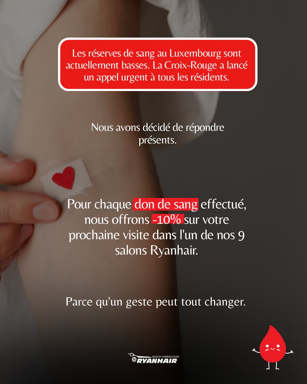 Petite pause dans notre contenu habituel, parce que le Luxembourg a besoin de nous.
🩸 Et si aujourd’hui, c’était vous qui sauviez une vie ?
La Croix-Rouge Luxembourgeoise a lancé un appel urgent aux dons de sang. En tant qu’entreprise locale, nous avons décidé de répondre présents.
Donnez votre sang → présentez votre attestation → bénéficiez de -10% sur votre prochaine visite dans l’un de nos salons.
📅 Offre valable du 22 mai au 31 août
⏳ Attestation valable maximum 3 jours après la date du don.
💇🏻♀️ Offre non cumulable avec les promotions en cours et hors extensions.
#luxembourg #croixrougeluxembourgeoise #jedonnemonsang #coiffure