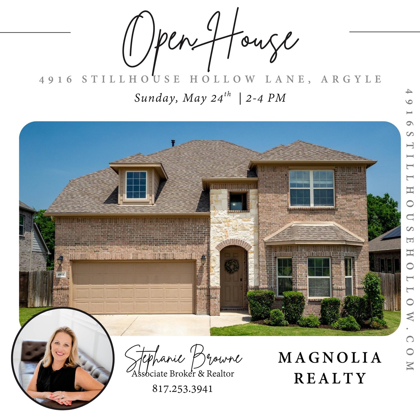 Step inside and discover the kind of home that feels thoughtfully designed from the very first glance. Nestled in Argyle, Texas, this beautiful Magnolia Realty listing offers warmth, style, and the everyday comfort buyers are searching for.
Join us for an open house and take a closer look at the spaces, finishes, and neighborhood setting that make this home so special.
4916 Stillhouse Hollow, Argyle, Texas
Sunday, May 24th | 2 - 4 PM
#ArgyleTX #ArgyleRealEstate #OpenHouse #MagnoliaRealty #StephanieBrowneRealtor #DFWRealEstate #HouseForSale