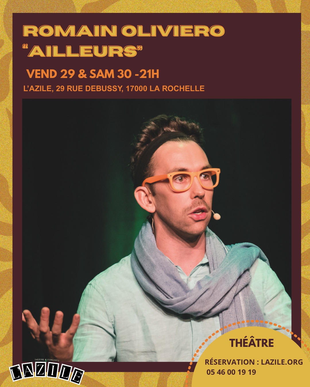 🎭 AILLEURS – Romain Oliviero à L’Azile !
Préparez-vous à embarquer pour un voyage complètement décalé avec Romain Oliviero et son spectacle Ailleurs ✨
Entre personnages improbables, anecdotes absurdes et autodérision bien sentie, Romain nous raconte son parcours hors des sentiers battus : animateur pour enfants turbulents, cavalier cascadeur au Puy du Fou… jusqu’à la scène de l’humour 🎤
Avec son univers atypique et son regard aiguisé sur le quotidien, il transforme les petites galères et les racines de province en un one-man-show aussi drôle que touchant.
📅 29 & 30 mai – 21h
📍 L'Azile Café Théâtre & Concert
🎟️ Réservations : Billetterie L’Azile
@romain.oliviero
#LaRochelle #Humour #OneManShow #RomainOliviero #LAzile #SortirALaRochelle