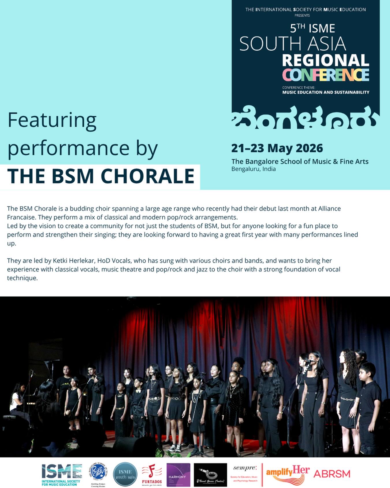 Join us in Bengaluru for the 5th ISME South Asia Regional Conference (21–23 May 2026) where music, education, and sustainability come together.
🎓 Engage with educators, researchers, performers, and students from across South Asia.
🎤 Keynotes • Panels • Paper Presentations • Student Sessions • Workshops
🤝 Build connections. Share ideas. Shape the future of music education.
📍 The Bangalore School of Music & Fine Arts
📅 21–23 May 2026
🔗 Register here to be part of this vibrant exchange: https://regionalconferences.isme.org/sarc/registration/
#ISMESARC2026 #MusicEducation #ISME #Conference #MusicForChange Sustainability ArtsEducation ISMESouthAsia