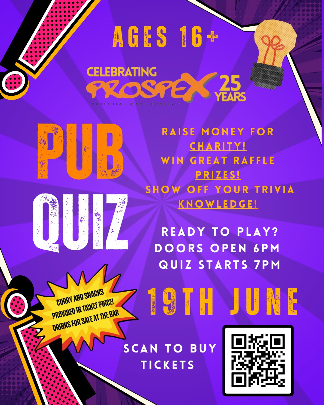 Get your tickets! 🎟️ The Prospex Pub Quiz fundraiser is coming up and we've got great prizes, amazing food and a few surprises up our sleeve... 🤔
All of this in aid of the Prospex 25th Anniversary fundraiser, ensuring that we can do our work with young people in Islington and beyond well into the future. There's limited spaces so don't delay in grabbing your ticket from Eventbrite, either at the link in our bio or through the QR code 🥳
See you there!