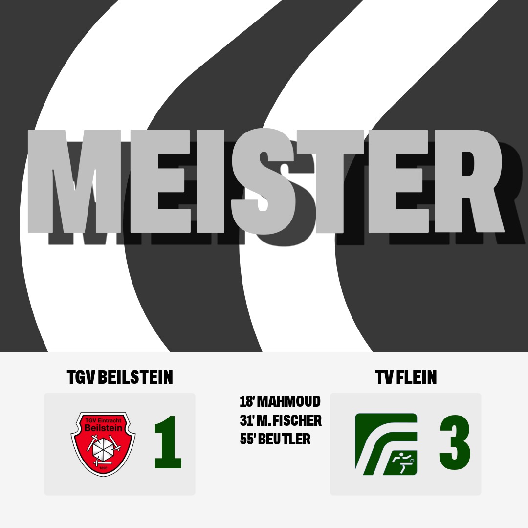 Der TV Flein krönt sich in Beilstein vorzeitig zum Meister 🏆💚
Im Topspiel gegen den zweitplatzierten TGV Eintracht Beilstein hatte der TV Flein nur ein Ziel vor Augen: die Meisterschaft perfekt zu machen.
Wir starteten stark in die Partie und gingen bereits in der 18. Minute in Führung. Nach einem sehenswerten Zusammenspiel erzielte Karim Mahmoud das 1:0. ⚽ Auch danach blieb Flein die spielbestimmende Mannschaft und legte in der 31. Minute nach: Maximilian Fischer traf sehenswert per Distanzschuss zum 2:0-Pausenstand.
Nach dem Seitenwechsel machte Lars Beutler in der 55. Minute mit dem 3:0 scheinbar den Deckel drauf. Beilstein kämpfte sich zurück ins Spiel und verkürzte in der 68. Minute auf 3:1. Der TV Flein verteidigte die anschließenden Angriffsversuche souverän und brachte den verdienten Auswärtssieg sicher über die Zeit. 💪
🏆 Damit steht fest: Der TV Flein ist Meister der Kreisliga B2 und kehrt nach drei Jahren in der Kreisliga B in der kommenden Saison wieder in die Kreisliga A zurück. 🟢⚪
#tvflein #meister #whoppa #sieg #steigmerhaltdesjahruff