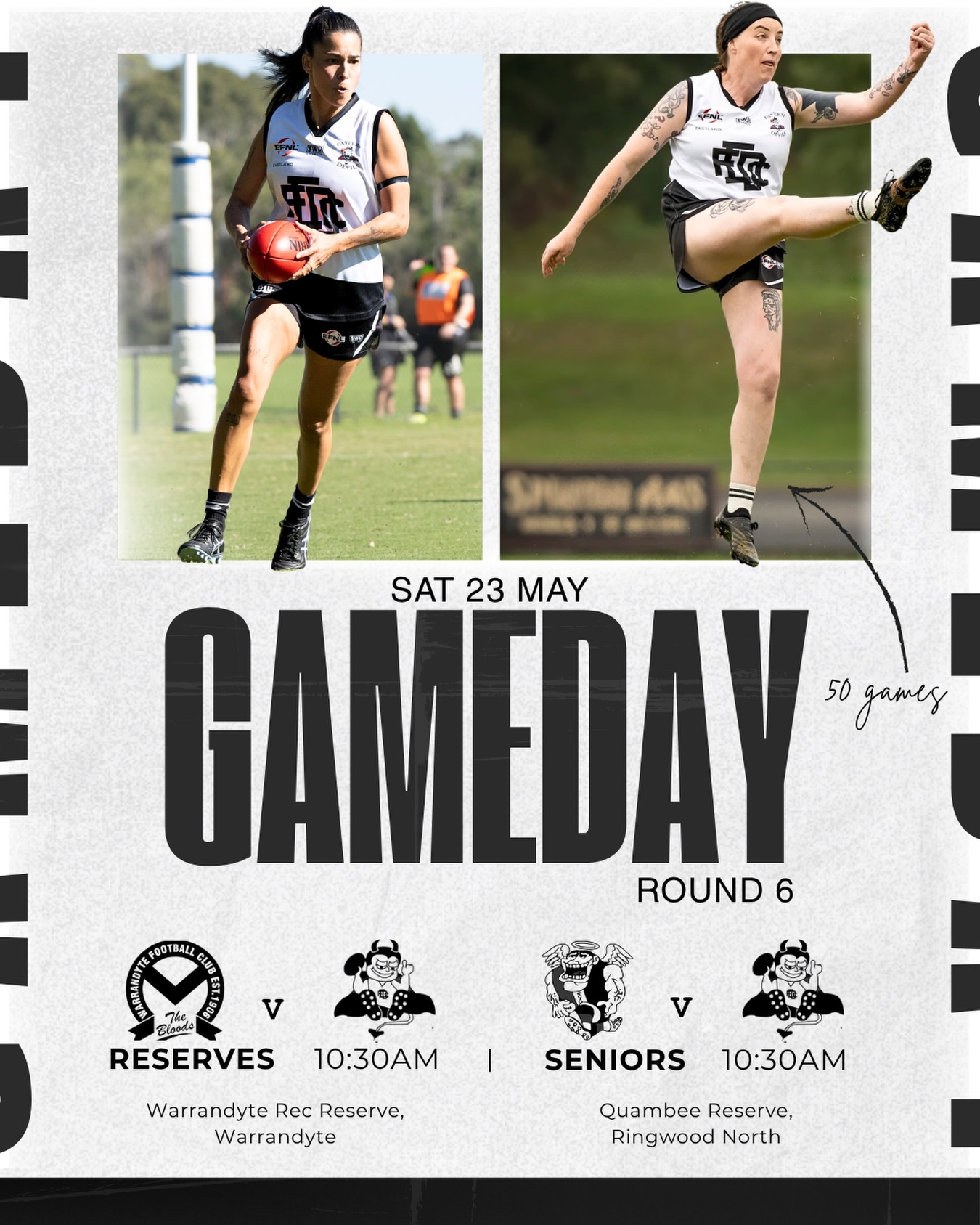 Tomorrow, the Devils face two new opponents!
Our Ressies hit the road for a trip to Warrandyte; whilst our Seniors take on North Ringwood in a special milestone match for our new recruit @indiajjshabadoo, who celebrates 50 games!