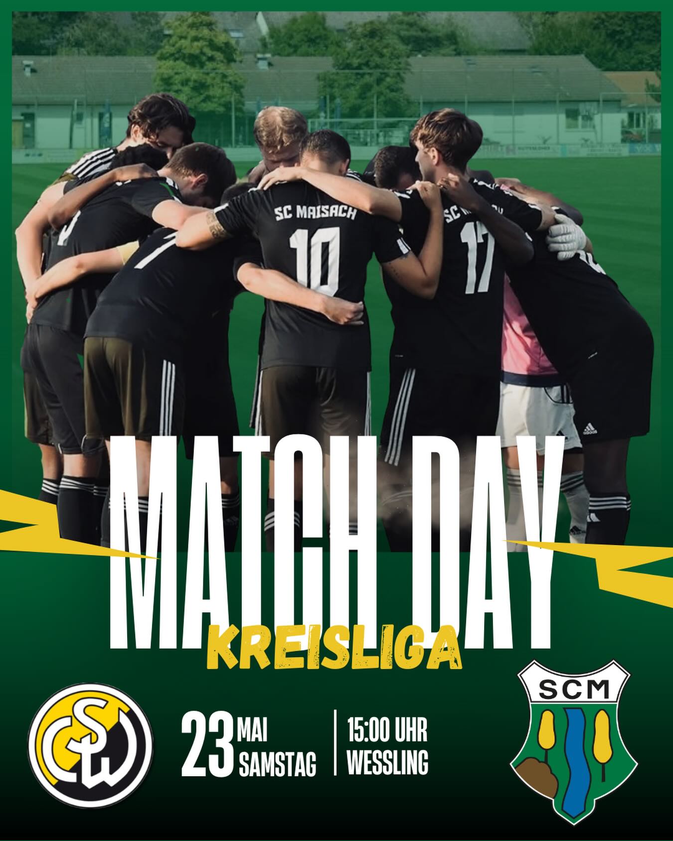 Letztes Auswärtsspiel der Saison ‼️
Unsere Erste gastiert am Samstag beim @sportclub.wessling 🤝
Anpfiff ist 15:00 Uhr! Wir freuen uns über jeden Auswärtsfahrer! 💚
#wirsindmaisach