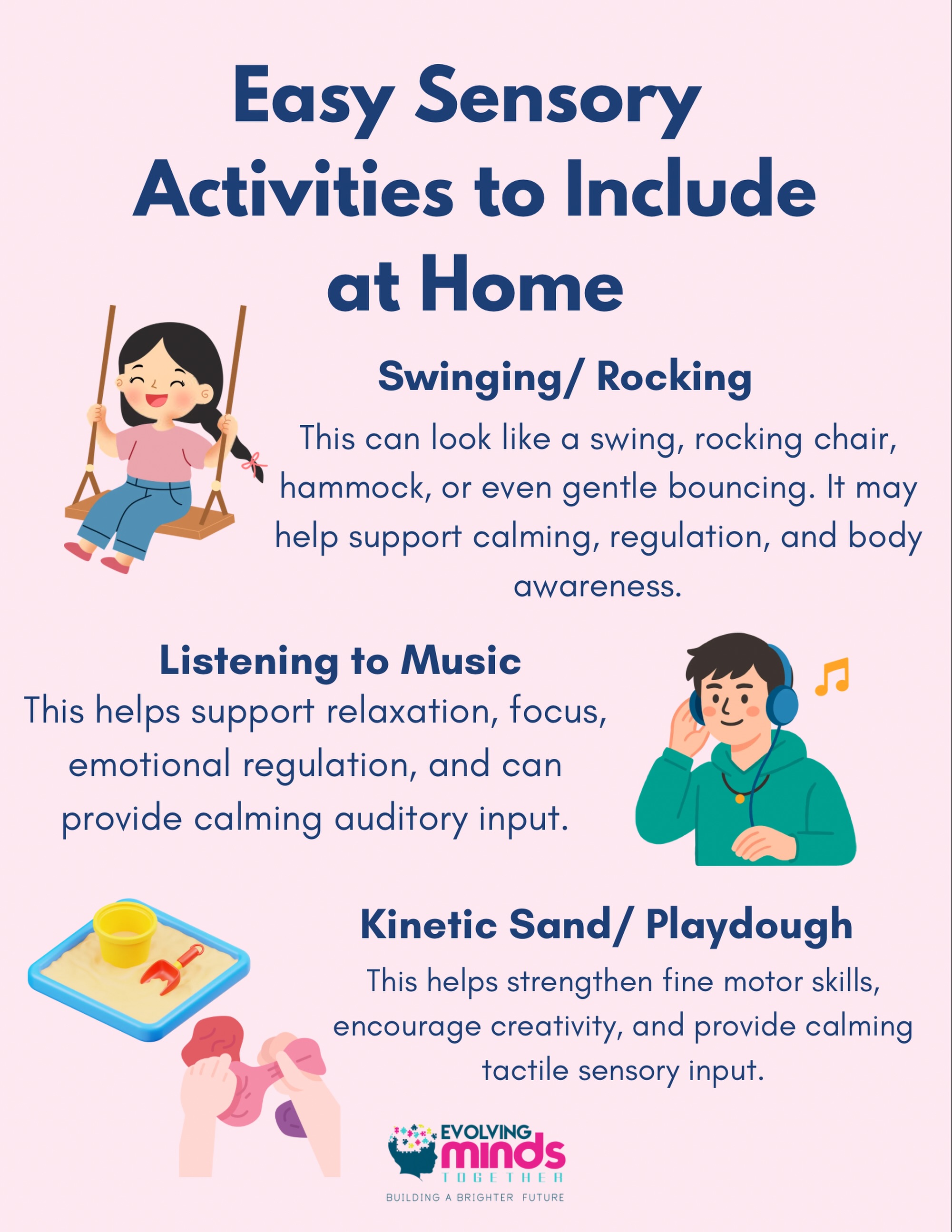 Sometimes the simplest activities can make the biggest difference 💙
Sensory play can support regulation, focus, body awareness, and emotional wellbeing in fun and natural ways at home. From swinging to music to kinetic sand, these small moments can help create calmer and more comfortable environments for kids.
Which sensory activity is your child’s favorite lately? ⬇️
#sensoryactivities #EvolvingMindsTogether #ABATherapy #AtHomeStrategy