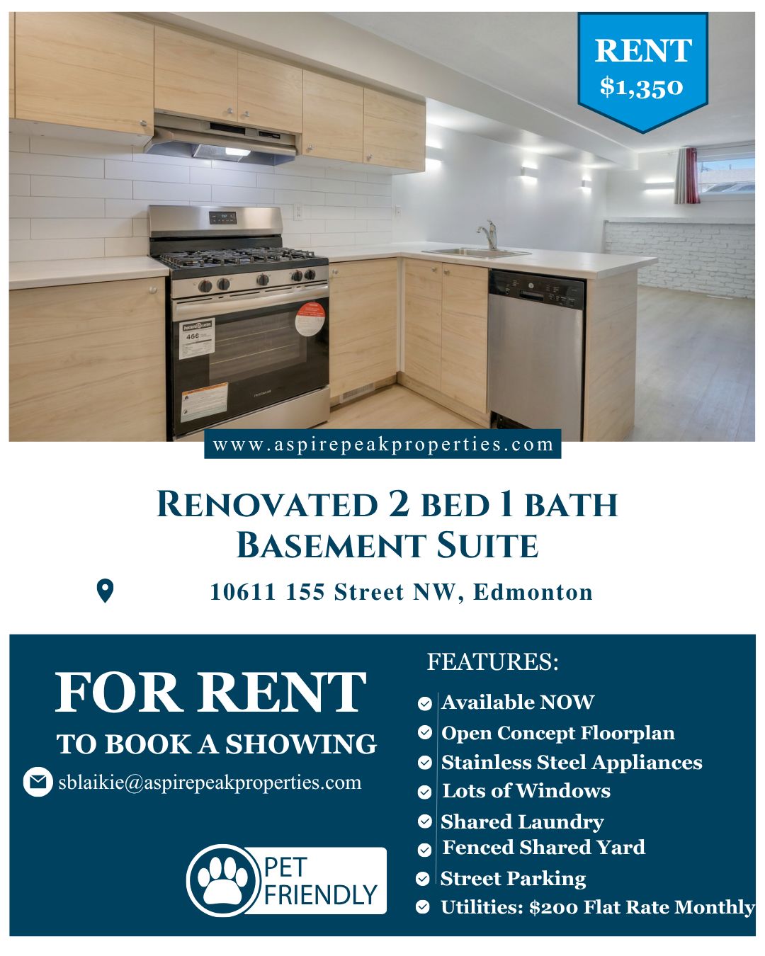 Renovated & Ready! ✨ This stunning 2-bed, 1-bath basement suite in Edmonton is the perfect blend of modern comfort and smart living. 🏡
Fresh updates throughout—think stainless steel appliances, open concept layout, and tons of natural light. The kitchen is chef-approved, and the bathroom? Beautifully updated with everything you need. 🛁
✅ 2 Bedrooms + 1 Bathroom
✅ Open Concept Floorplan
✅ Stainless Steel Appliances
✅ Lots of Windows & Natural Light
✅ Shared Laundry
✅ Fenced Shared Yard
✅ Street Parking
✅ Pet Friendly 🐾
✅ Utilities: $200 Flat Rate Monthly
Available NOW
$1,350/month
Ready to call it home? 📧 sblaikie@aspirepeakproperties.com
#Edmonton #BasementSuite #RenovatedSpace #PetFriendly #ModernLiving #AspirePeakProperties