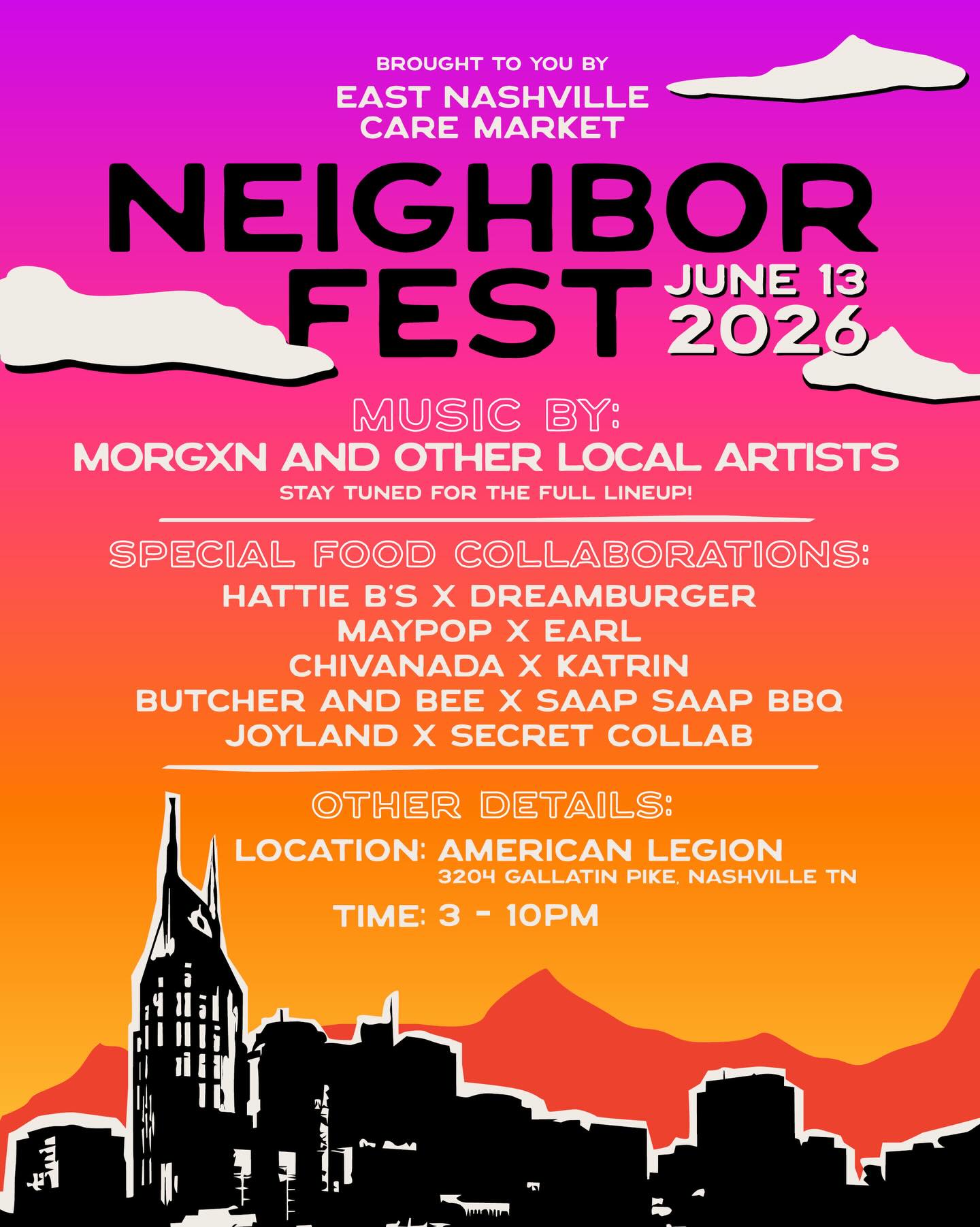 East Nashville Care Market’s FIRST EVER FESTIVAL! We are beyond honored to be partnering with some incredible friends to raise money that will care for your neighbors! Link in bio — tickets on sale now.