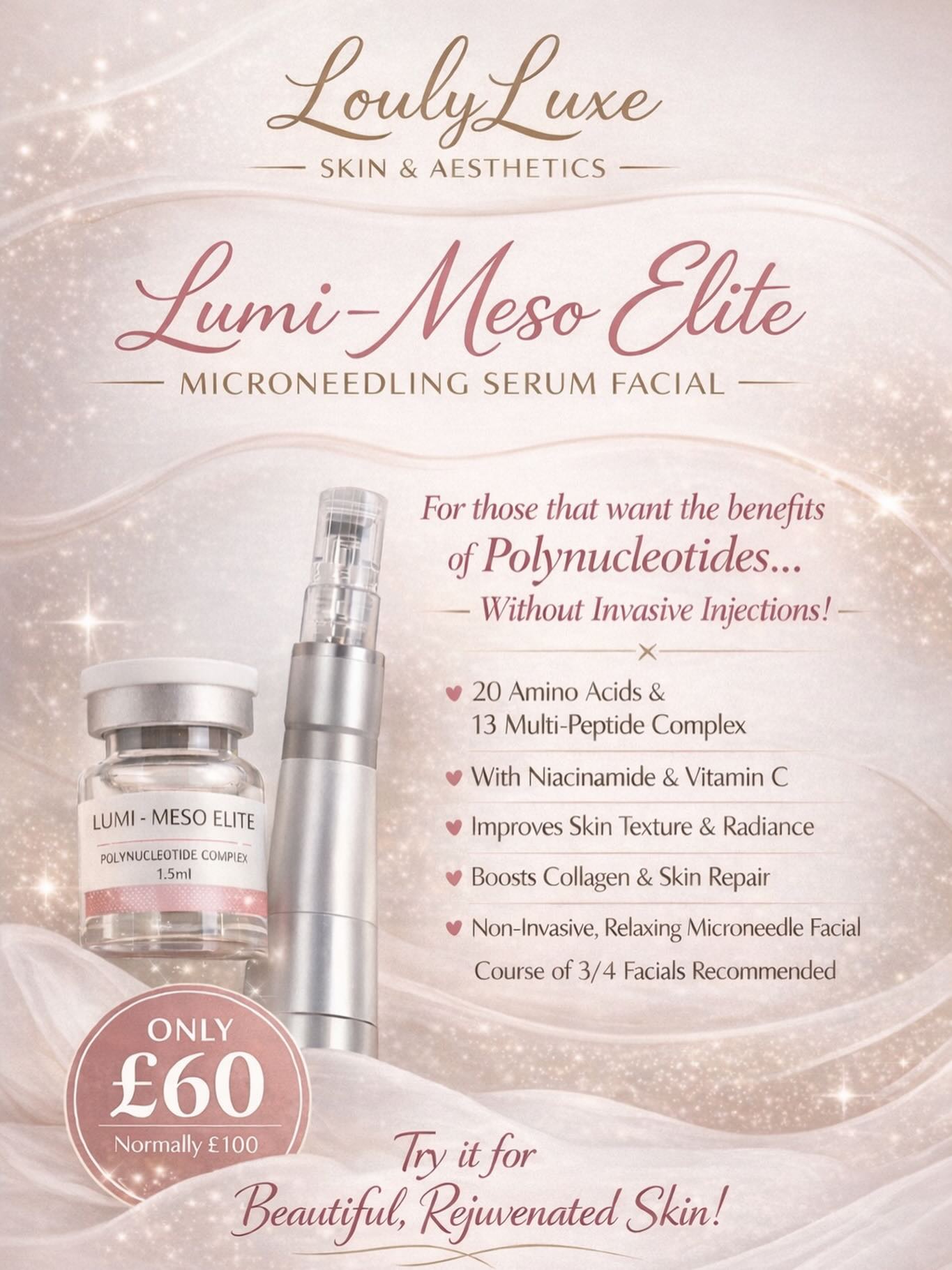 Always fancied trying polynucleotides but felt put off by the thought of lots of needles, bruising or downtime… yet still want all the amazing skin benefits? ✨
Well now you can 🤍
I’m now offering a bespoke Hybrid Polynucleotide Microneedling Facial - a relaxing treatment designed to deeply hydrate, rejuvenate and improve overall skin quality with minimal downtime.
This treatment helps to improve:
• Skin texture & tone
• Hydration & glow
• Fine lines
• Skin healing & rejuvenation
• Overall skin quality ✨
Packed with powerhouse ingredients including:
💧 Polynucleotides (S-DNA)
💧 Niacinamide
💧 Vitamin C
💧 Vitamin B12
💧 25 Peptide Complex
Perfect as a course for optimal results, but also beautiful as a monthly maintenance treatment 🤍
✨ Introductory Offer ✨
First 10 clients ONLY - £60
(Usually £100)
Message to book or ask any questions 🤍
#lumifil #polynucleotides #lumimesoelite #microneedlingtherapy #microneedle