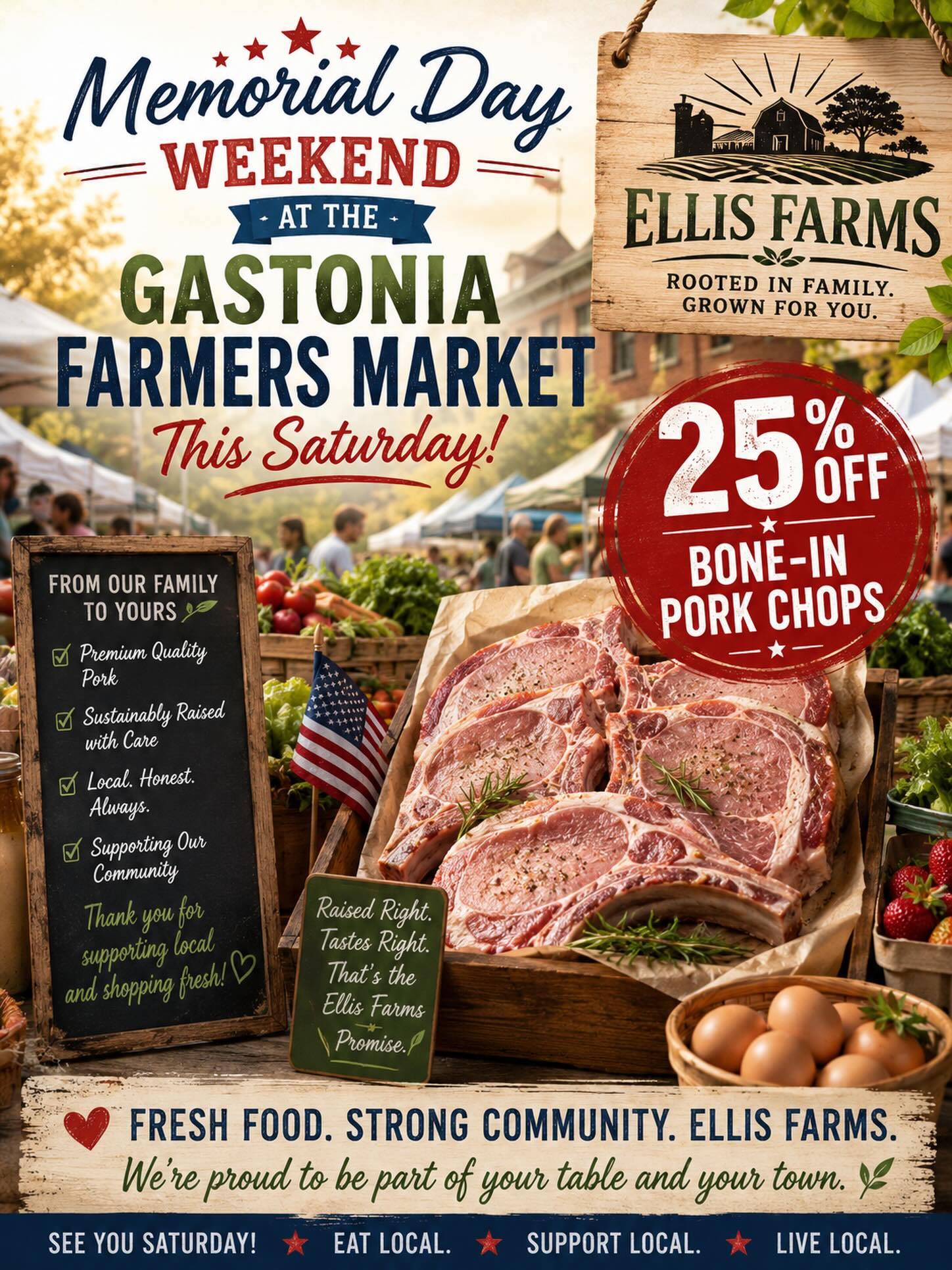 Get those grills ready! 25% off of our bone-in pork chops this Saturday at the Gastonia Farmers Market. 7:30am until 12pm. See you there! 🐖 #ncfarms #farmersmarketfinds