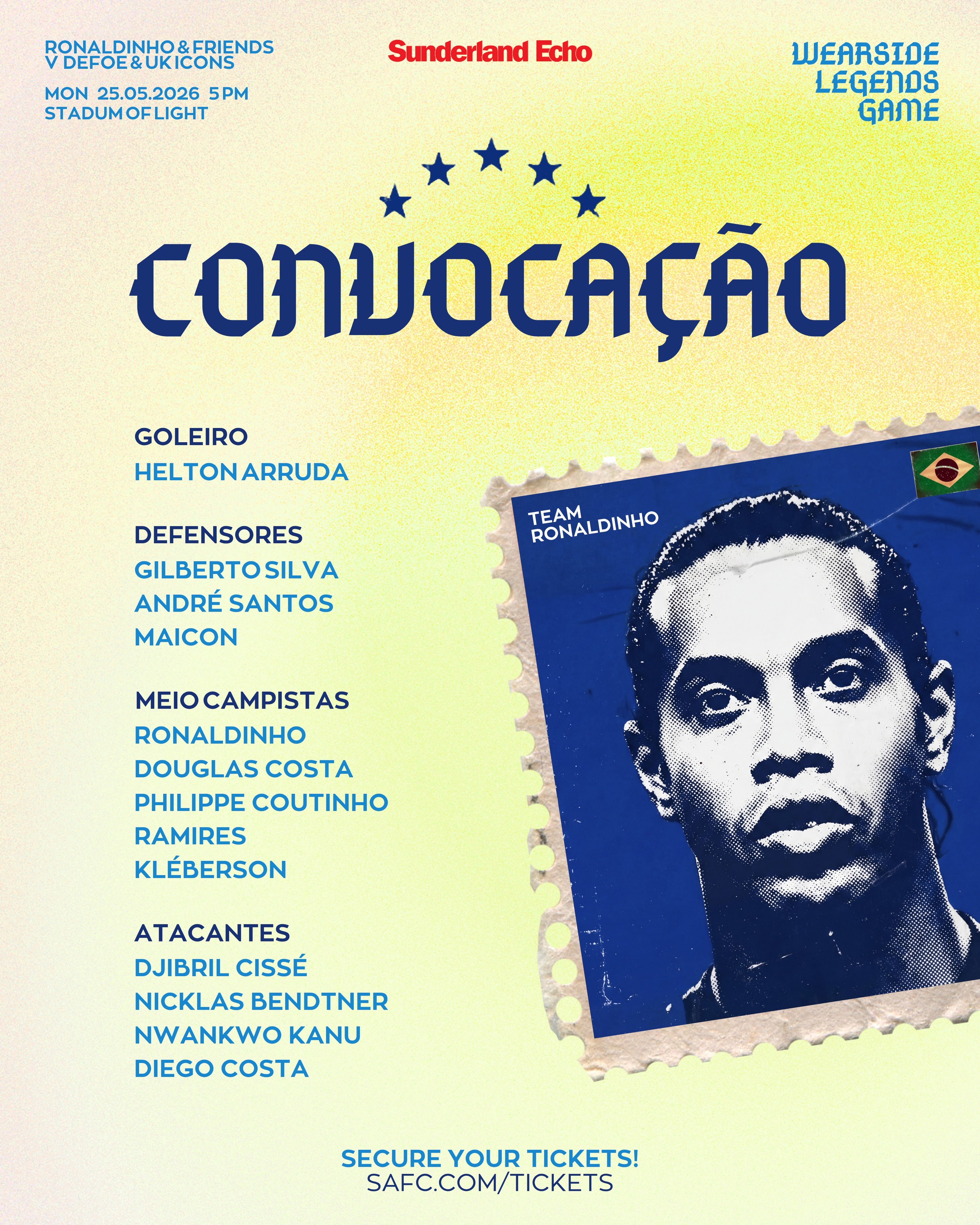 IT’S THE SELEÇÃO’S SQUAD LIST🇧🇷
Ronaldinho has revealed his Icons squad for the Wearside Legends Game, facing Team Defoe & UK Icons.
📅 Mon, 25.05.2026 - 5 PM
🏟️ Stadium of Light, Sunderland
🎟️ Don’t miss out on this one-of-a-kind match — grab your tickets via the link in our bio or on the official Sunderland website.
Limited-time 20% discount: SAFCTILIDIE
#defoe
#wearside
#ronaldinho
#sunderland
#legendsgame