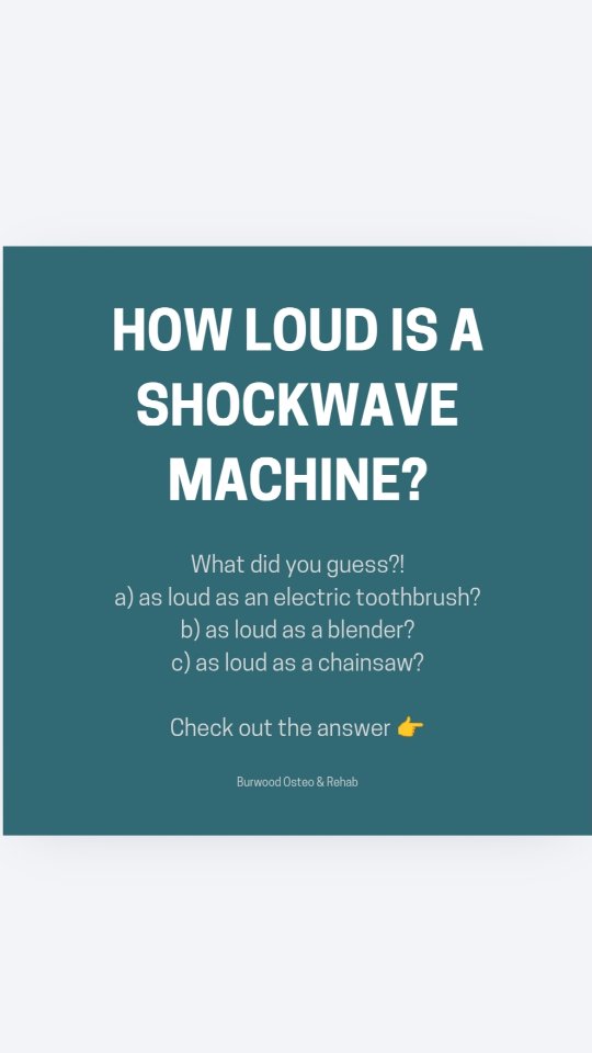 The answer! It's as loud as a blender!
Like most household products it's around 90-100 decibels, similar to a hair dryer or lawn mower!
You get used to it after a while 😉
If you haven't tried shockwave before for your long term injury, come reach out and we will see if it's a good treatment choice for you!
#burwoodosteoandrehab #staymoving