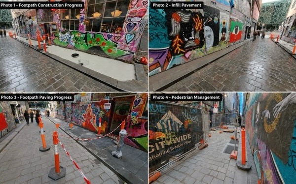 Construction Update for the end of week 7
Works continued this week with the installation of the new footpath along the southern side of Hosier Lane, alongside freshly painted bollards throughout the area.
Concrete infill paving has also now been completed between the Forum Theatre building line and the newly installed kerb within Hosier Lane.
With these works progressing well, the majority of the Stage 1 construction zone has now reopened for public access.
Looking Ahead – Week of 25 May to 29 May
Grouting between the new footpath pavers in Hosier Lane is scheduled to commence on Monday morning, 25 May.
Once the grouting works are complete, construction crews will return their focus to Rutledge Lane, continuing kerb and paving works within the Stage 2 zone.