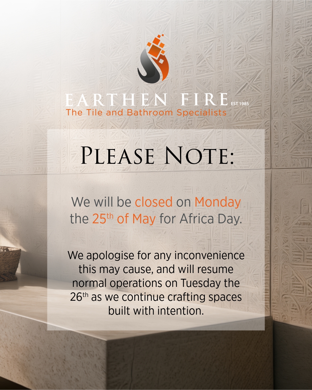 🌍 Please Note — Africa Day Closure
Please be advised that Earthen Fire will be closed on Monday, 25th May, in observance of Africa Day.
We apologise for any inconvenience this may cause and will resume normal operations on Tuesday, 26th May.
Wishing you a meaningful and restful Africa Day celebration.
📩 https://wa.me/263772204044
#AfricaDay #EarthenFire #Zimbabwe #AfricaDayZimbabwe #LuxuryInteriors #BathroomDesign #TileDesign #InteriorInspiration #ZimbabweBusiness