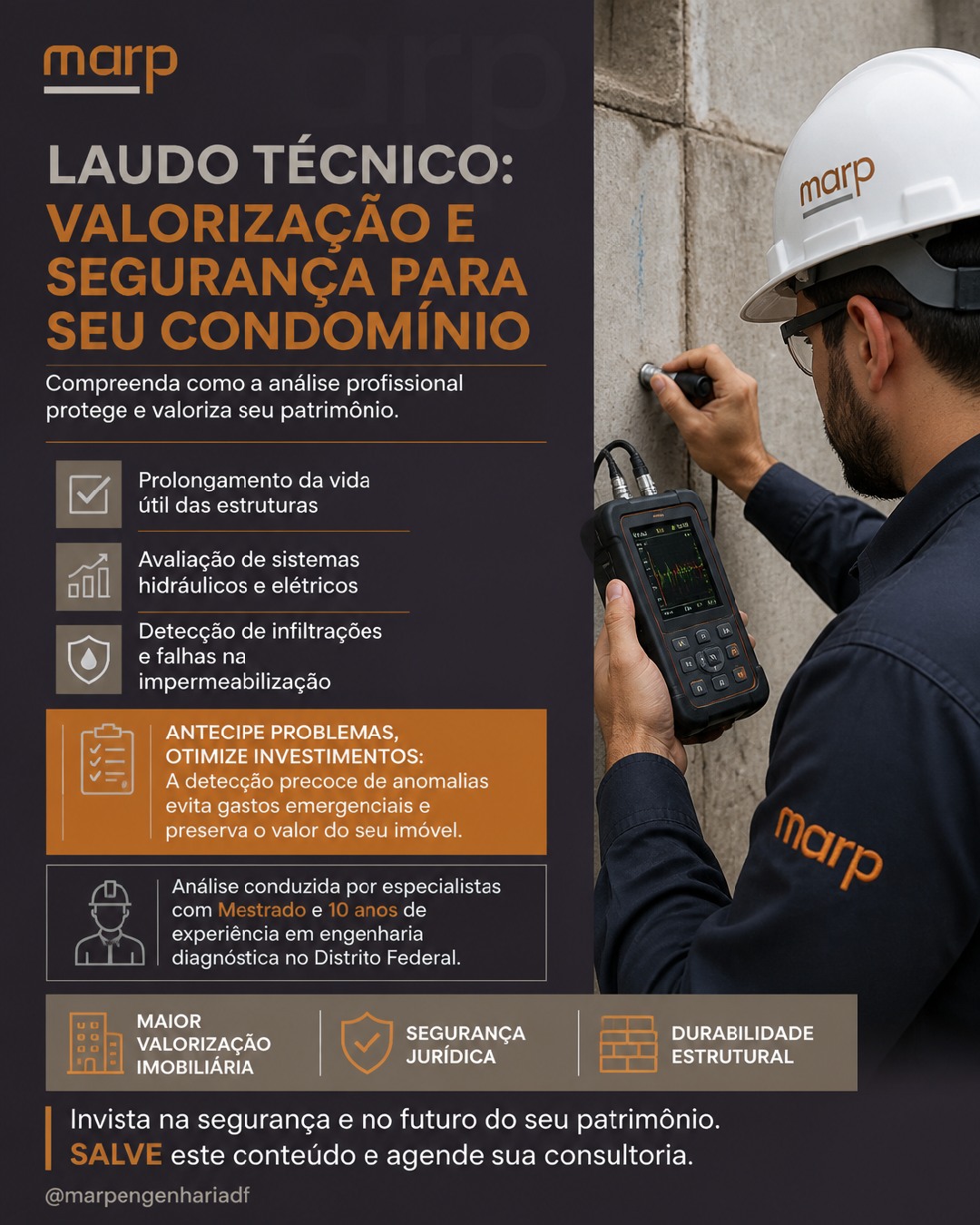 LAUDO TÉCNICO: VALORIZAÇÃO E SEGURANÇA PARA SEU CONDOMÍNIO.
Compreenda como a análise profissional protege e valoriza seu patrimônio. 🏗️
Você sabia que um laudo técnico de engenharia civil é mais do que um documento? É um investimento estratégico para o futuro do seu condomínio! 📈 Na Marp Engenharia, entendemos a importância de laudos claros e precisos para preservar o valor e garantir a segurança do seu patrimônio.
Nossos laudos cobrem desde a estrutura predial até as instalações, identificando potenciais problemas antes que se tornem grandes gastos. 🔍 Com uma equipe técnica altamente qualificada, incluindo profissionais com mais de 10 anos de experiência, asseguramos diagnósticos precisos e soluções eficazes.
Um laudo bem-feito não só garante a longevidade do seu imóvel, mas também contribui para sua valorização no mercado do Distrito Federal. ✅ Proteja seu investimento, evite surpresas e proporcione mais tranquilidade aos moradores.
Curioso para saber como a Marp Engenharia pode ajudar seu condomínio? Entre em contato e descubra o poder de um laudo técnico bem elaborado! 👇
#MarpEngenharia #LaudoTecnicoDF #EngenhariaCondominial #SegurancaPredial