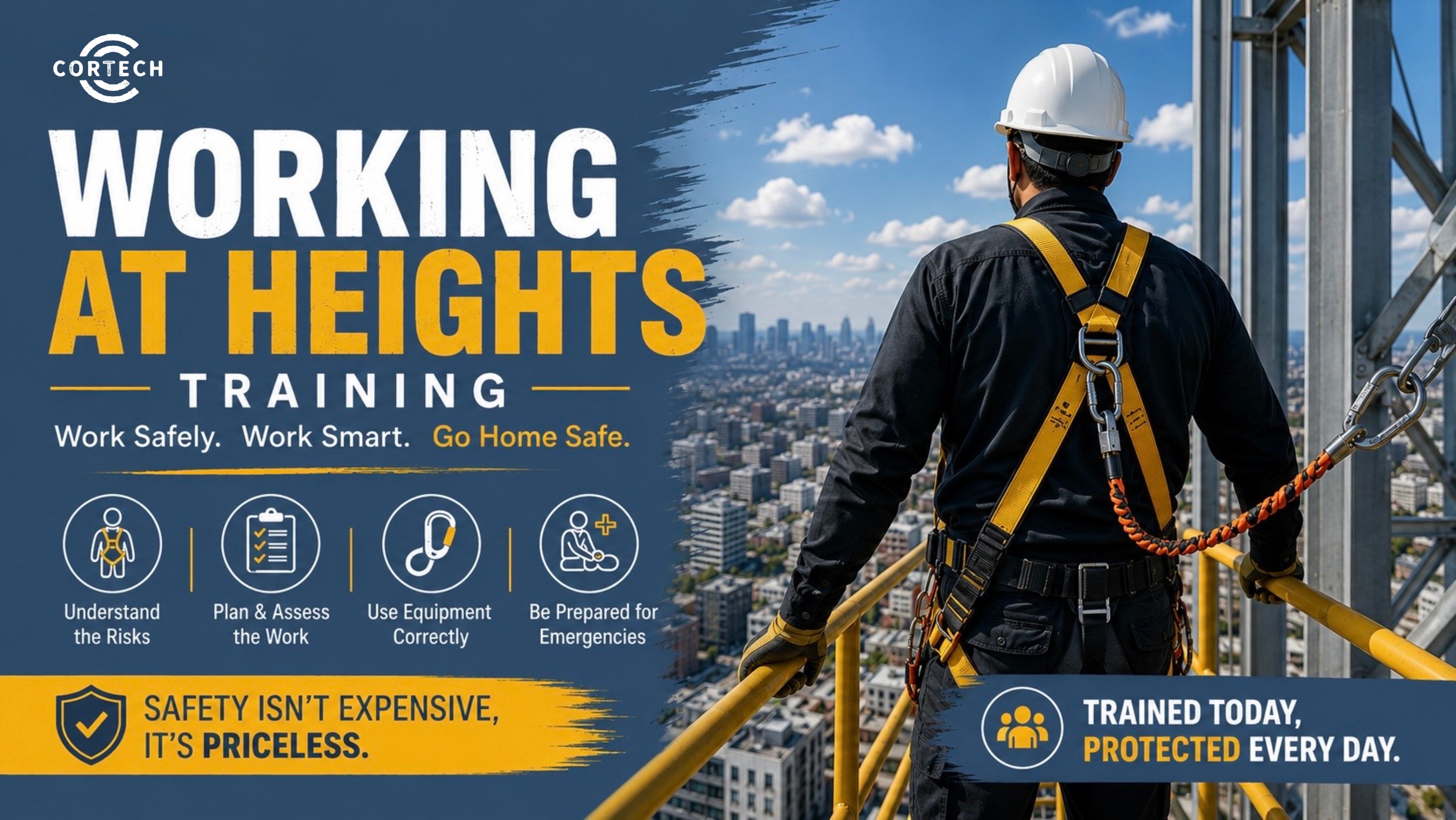 How prepared is your team when working at heights? ⚠️
Falls continue to be one of the most common causes of serious injuries on construction sites — often during routine tasks.
Proper Working at Heights training helps workers recognize hazards early, use fall protection correctly, and make safer decisions on site.
Because staying safe at heights depends on more than just wearing a harness.
Take a look at our website to see which training is most needed for your team.
Link: https://www.cortechsafety.com/book-online
#WorkingAtHeights #ConstructionSafety #FallProtection #SafetyTraining #WorkplaceSafety #SiteSafety #OccupationalHealthAndSafety #Cortech