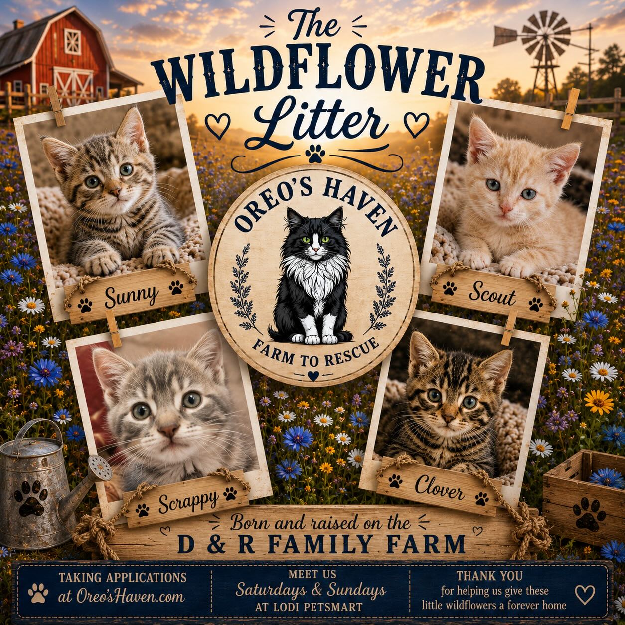 🌼🐾 Come meet the adorable Wildflower Litter today at our adoption event! 🐾🌼
These sweet babies were born and raised on the D & R Family Farm and are ready to steal your heart 💛
📍 Lodi PetSmart
260 E Harney Ln
⏰ Today from 12–4 PM
Taking applications at Oreo’sHaven.com
Come cuddle, meet the kittens, and help us find these little wildflowers their forever homes 🌼🐱