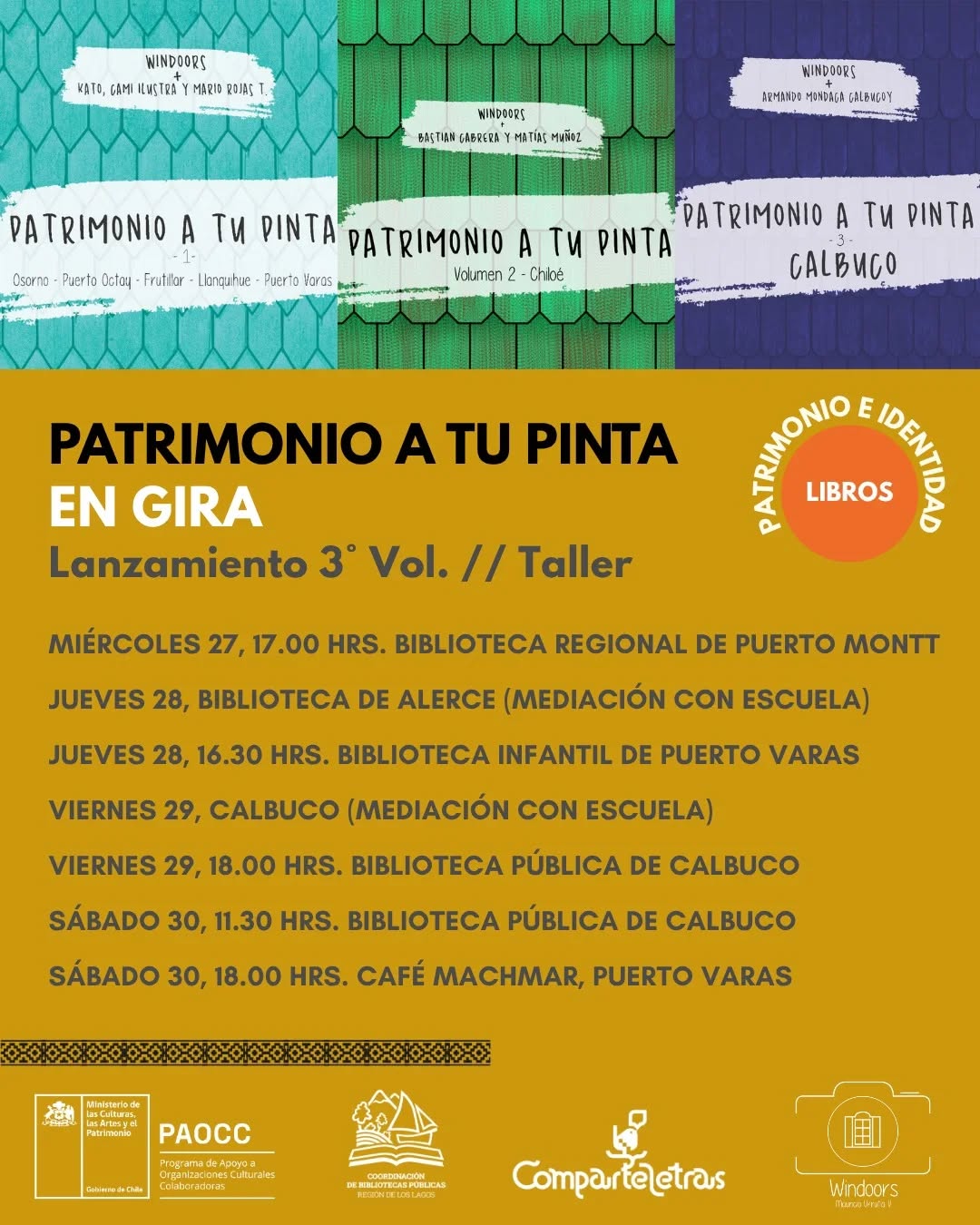 Mes del Patrimonio en tu biblioteca 📚
En el marco del mes del patrimonio y del lanzamiento del volumen 3 —Calbuco— de Patrimonio a tu pinta, Mauricio Urrutia Varela vuelve a la Región de Los Lagos con una actividad familiar pensada para descubrir, conversar y crear en torno al patrimonio del sur de Chile.
A través de una presentación participativa, conoceremos la colección Patrimonio a tu pinta, libros interactivos que invitan a explorar la arquitectura, los lugares tradicionales, iglesias y elementos patrimoniales de distintos territorios del sur austral.
📚 Colección:
• Volumen 1: Osorno, Puerto Octay, Frutillar y Puerto Varas
• Volumen 2: Archipiélago de Chiloé
• Volumen 3: Calbuco
Conversaremos sobre qué es el patrimonio y cómo reconocerlo en nuestro entorno cotidiano. Luego, niñas, niños y familias podrán intervenir ilustraciones, colorear y crear postales inspiradas en los territorios y paisajes presentes en los libros. 🖍️✨
Esta actividad ha sido posible gracias al trabajo en redes con @redbibliotecasdeloslagos