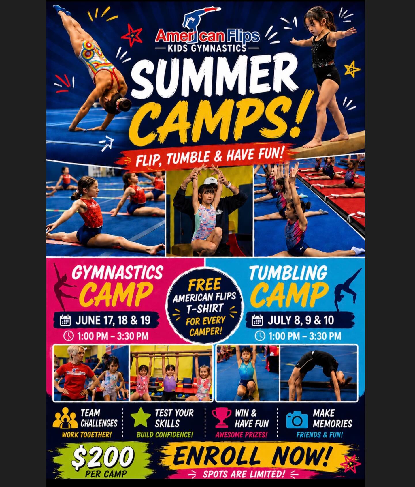 ☀️ FLIP INTO SUMMER with American Flips Gymnastics 🤸♀️
Join our Summer Camps at American Flips Gymnastics for nonstop fun, flips, games, and memories!
📲 Spots are limited! Call or text 714-947-0191 to reserve your spot today!